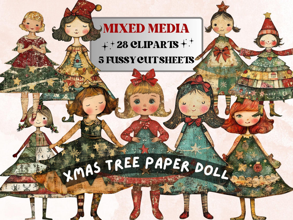 Christmas Tree Doll Mixed Media Clipart, Whimsy Xmas Tree Girl Fussy Cut Collage Sheet, Quirky Cut Out Ephemera, PNG + JPG for Scrapbooking