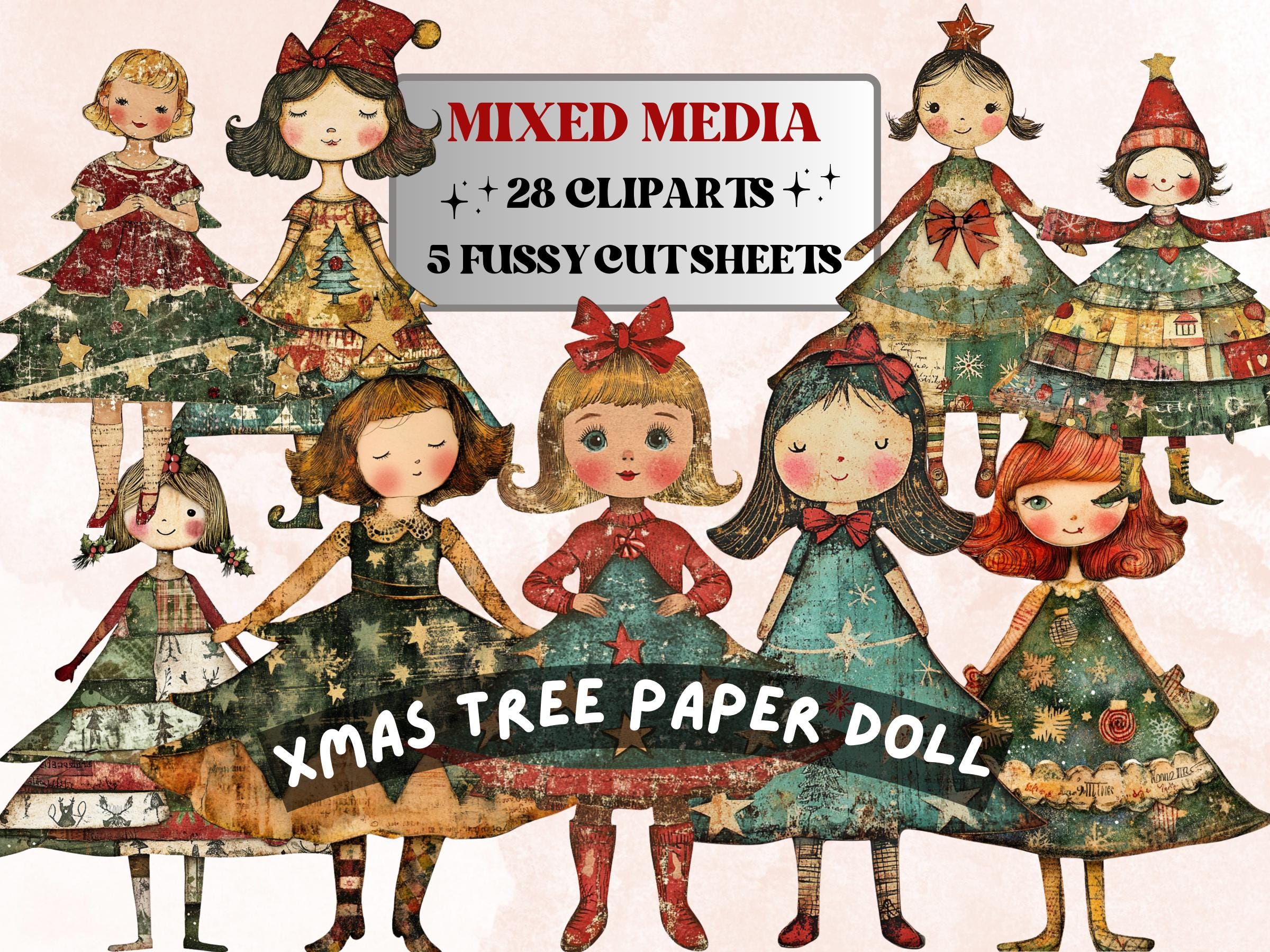 Christmas Tree Doll Mixed Media Clipart, Whimsy Xmas Tree Girl Fussy Cut Collage Sheet, Quirky Cut Out Ephemera, PNG + JPG for Scrapbooking