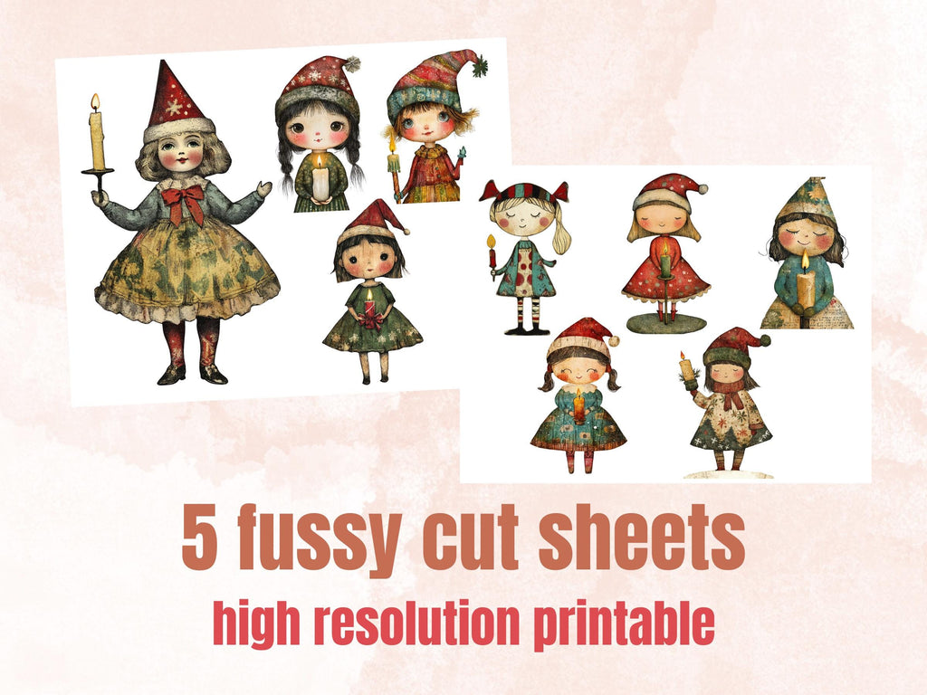 Christmas Candle Doll Mixed Media Clipart, Whimsy Xmas Girl Fussy Cut Collage Sheet, Quirky Cut Out Ephemera, PNG + JPG for Scrapbooking