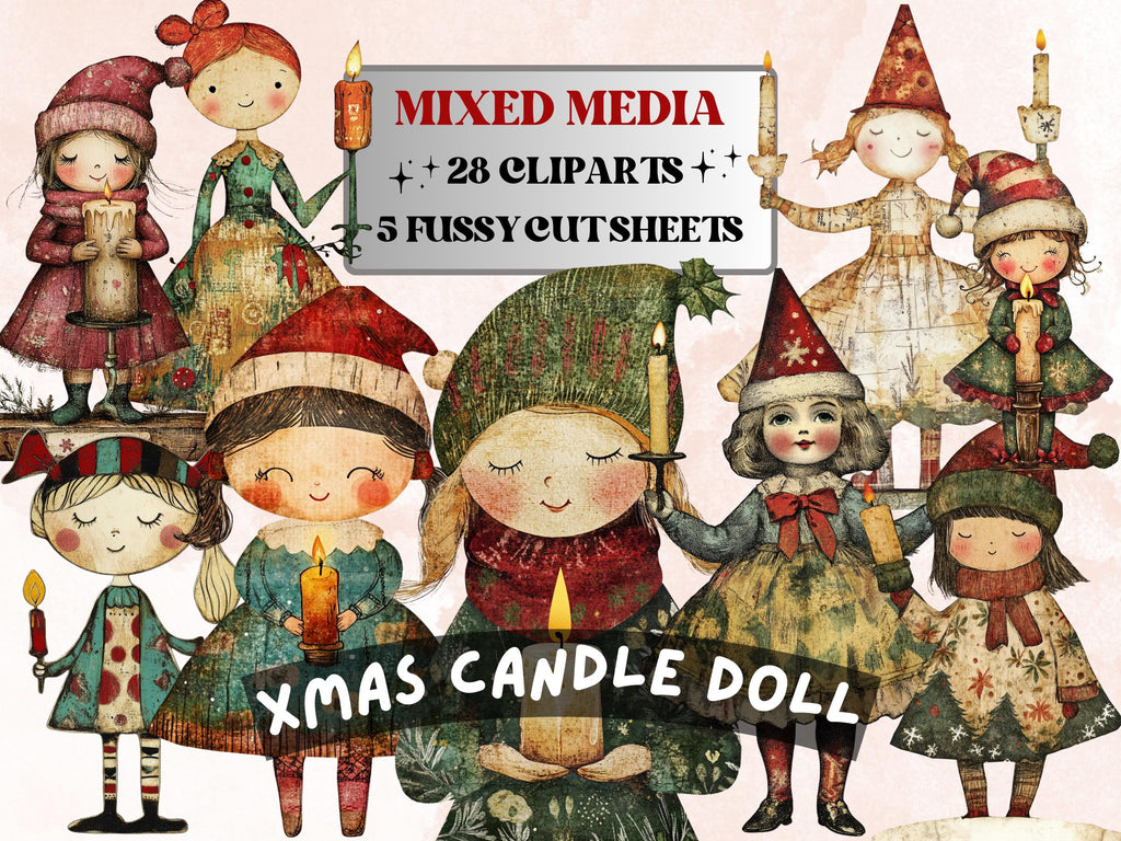 Christmas Candle Doll Mixed Media Clipart, Whimsy Xmas Girl Fussy Cut Collage Sheet, Quirky Cut Out Ephemera, PNG + JPG for Scrapbooking