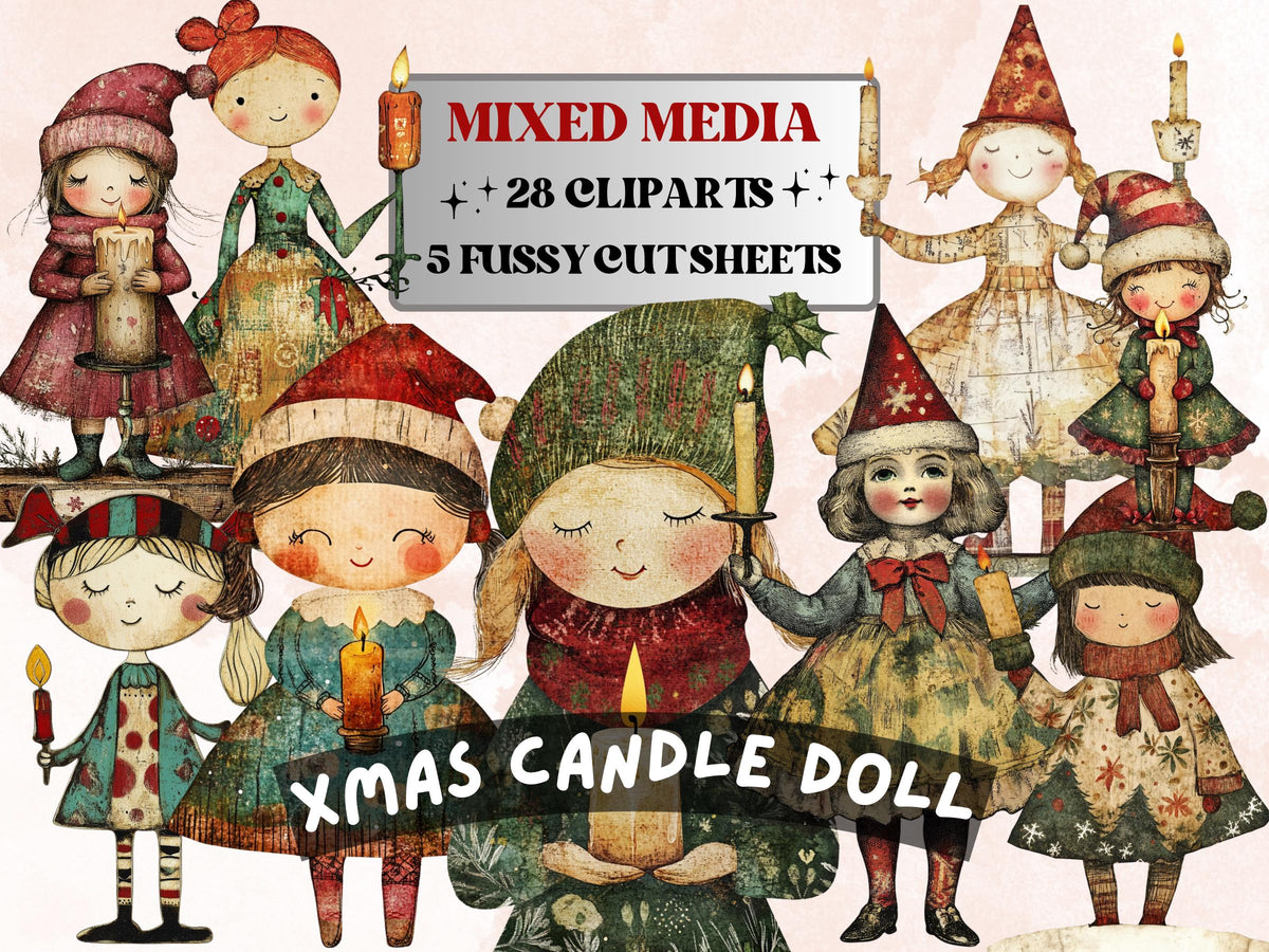 Christmas Candle Doll Mixed Media Clipart, Whimsy Xmas Girl Fussy Cut Collage Sheet, Quirky Cut Out Ephemera, PNG + JPG for Scrapbooking