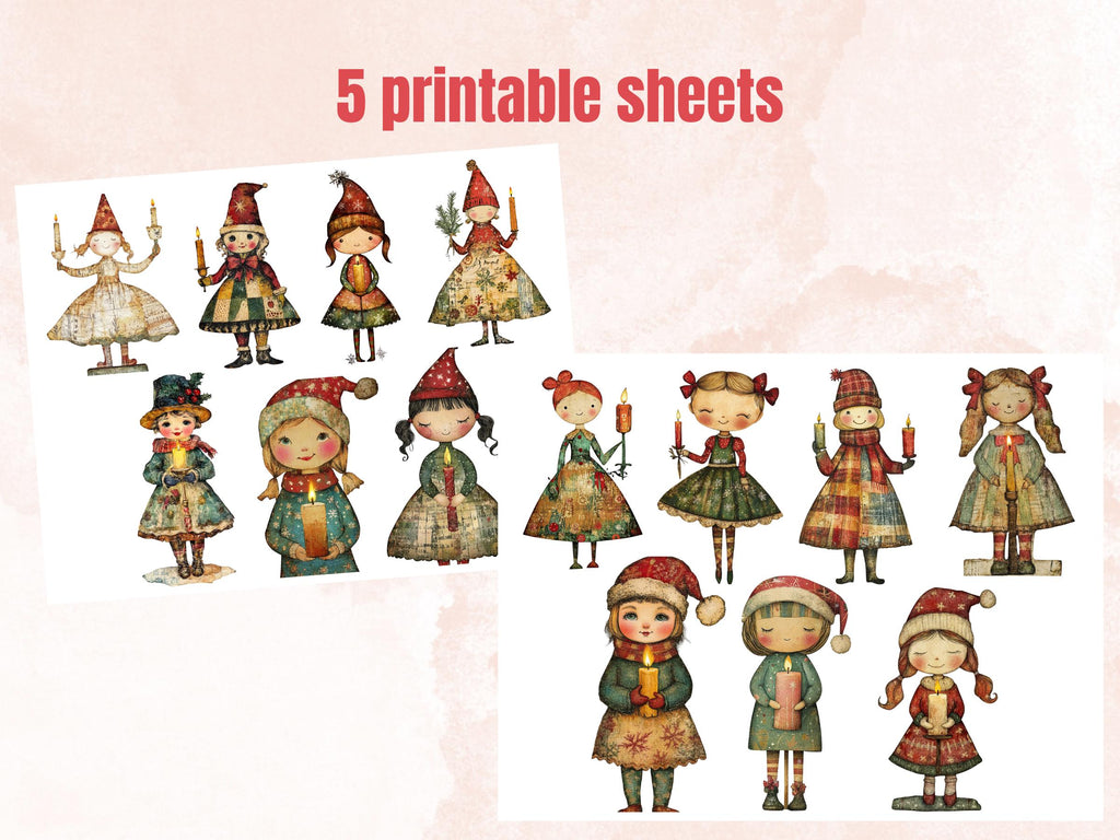 Christmas Candle Doll Mixed Media Clipart, Whimsy Xmas Girl Fussy Cut Collage Sheet, Quirky Cut Out Ephemera, PNG + JPG for Scrapbooking