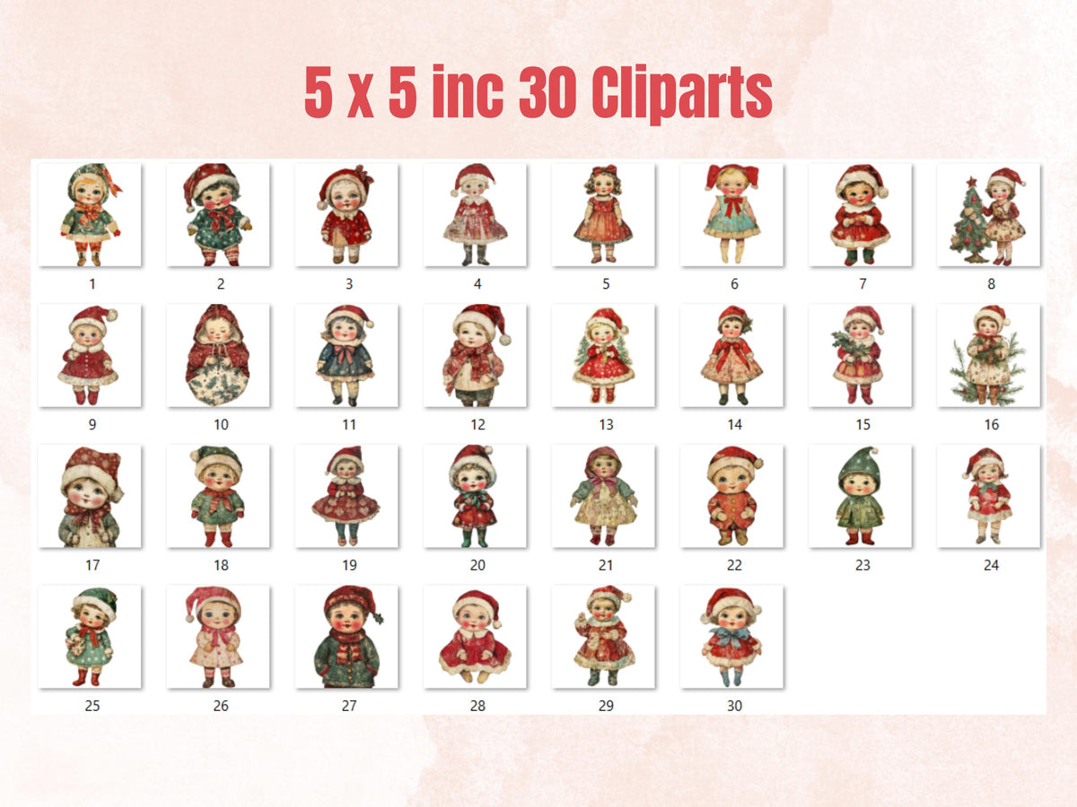 Christmas Baby Doll Mixed Media Clipart, Retro Xmas Babies Fussy Cut Collage Sheet, Quirky Cut Out Ephemera, PNG + JPG for Scrapbooking