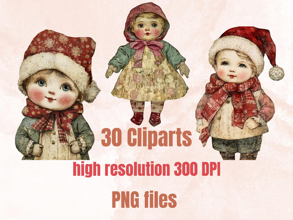 Christmas Baby Doll Mixed Media Clipart, Retro Xmas Babies Fussy Cut Collage Sheet, Quirky Cut Out Ephemera, PNG + JPG for Scrapbooking