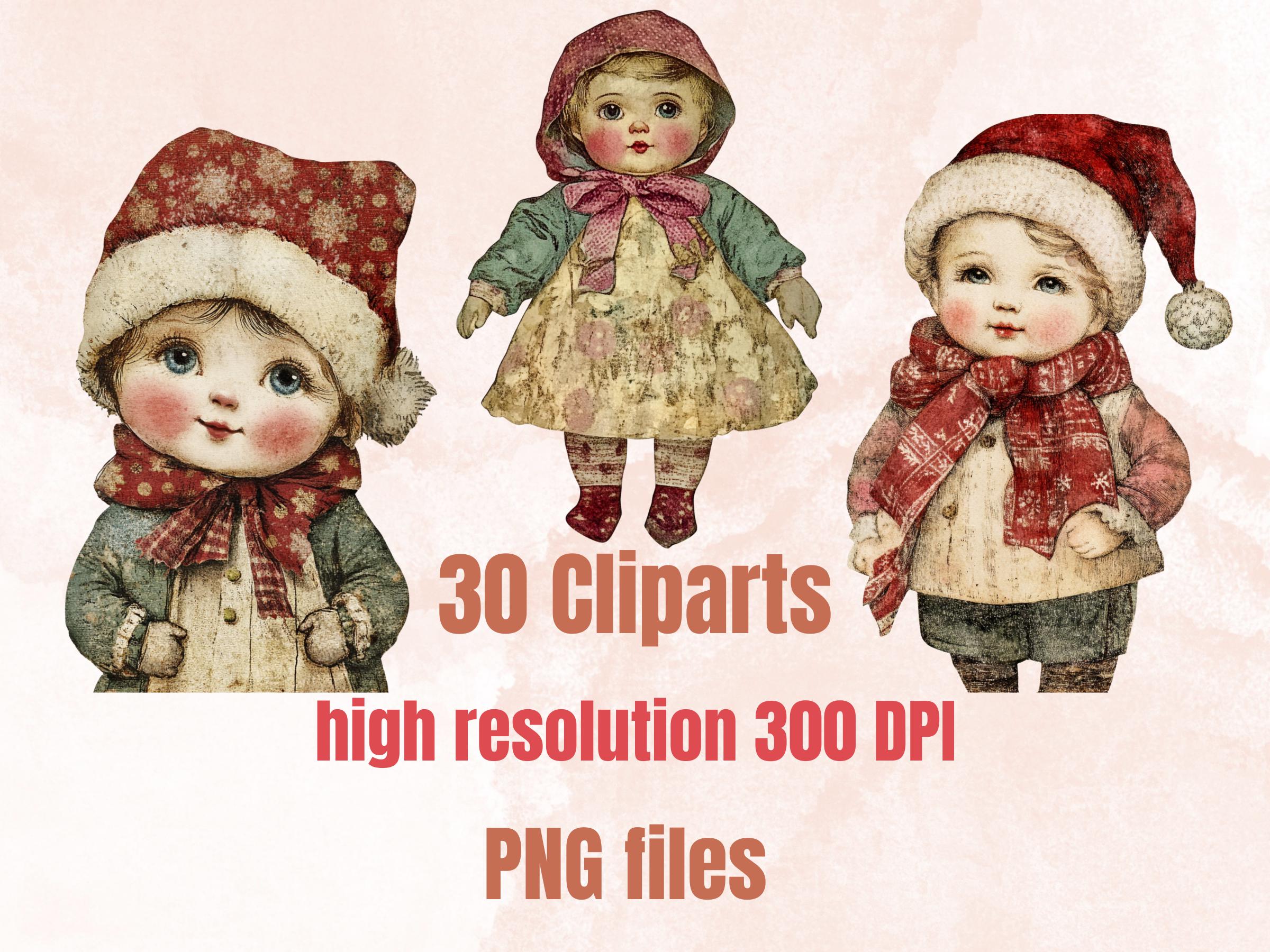 Christmas Baby Doll Mixed Media Clipart, Retro Xmas Babies Fussy Cut Collage Sheet, Quirky Cut Out Ephemera, PNG + JPG for Scrapbooking
