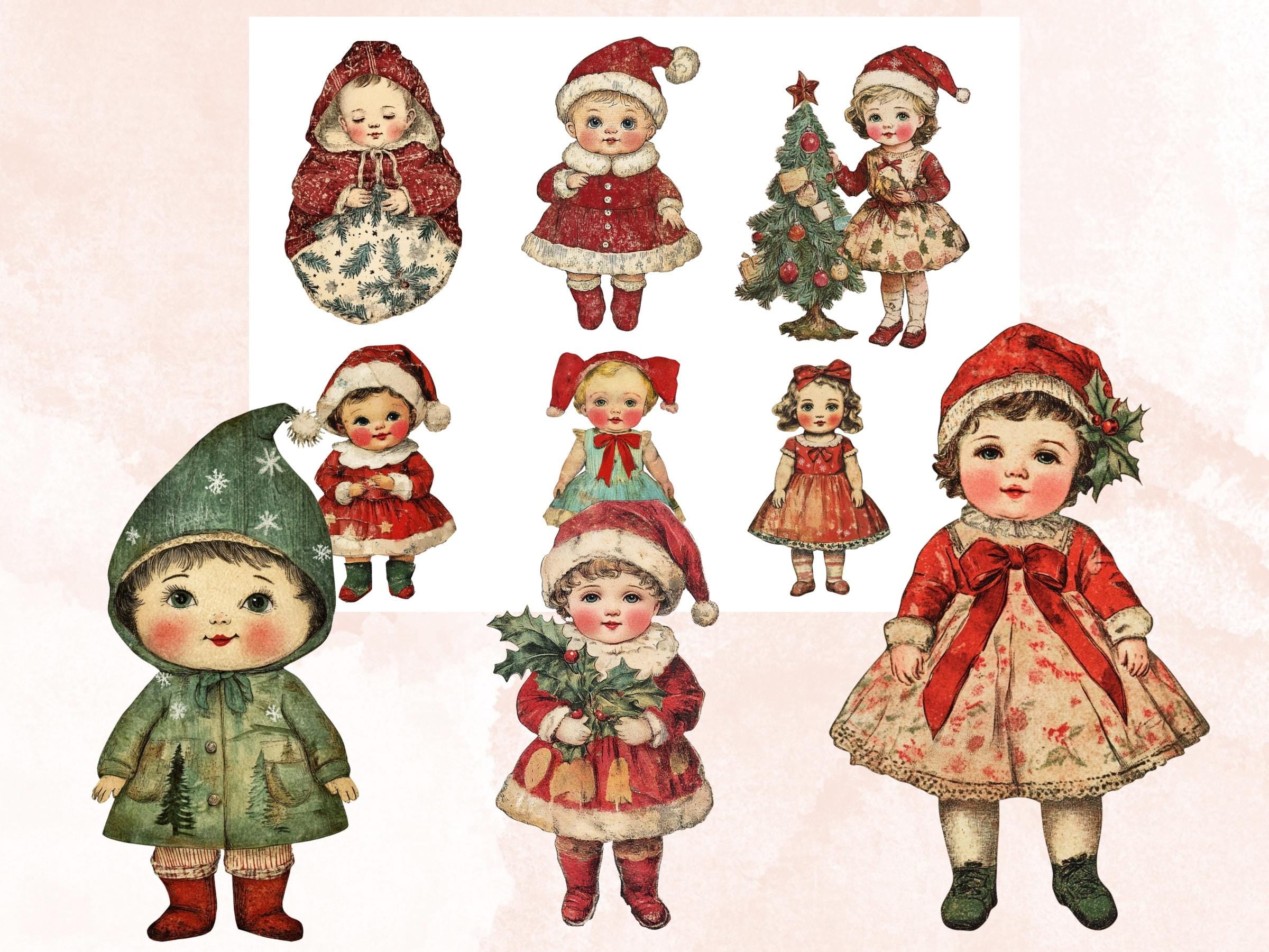 Christmas Baby Doll Mixed Media Clipart, Retro Xmas Babies Fussy Cut Collage Sheet, Quirky Cut Out Ephemera, PNG + JPG for Scrapbooking
