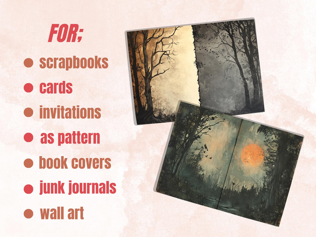 Spooky Forest Double Pages Ephemera Kit, Creepy Mixed Media Paper, Gothic Woodland Collage Scrapbook Paper, Printable Horizontal Pages