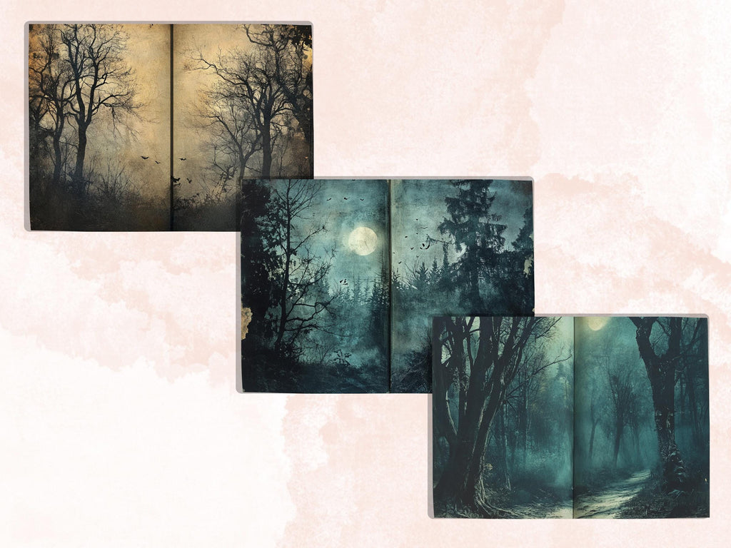 Spooky Forest Double Pages Ephemera Kit, Creepy Mixed Media Paper, Gothic Woodland Collage Scrapbook Paper, Printable Horizontal Pages