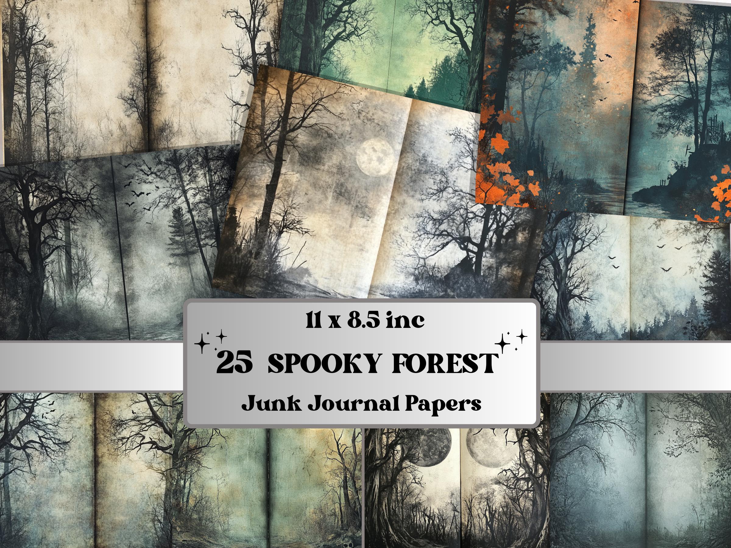 Spooky Forest Double Pages Ephemera Kit, Creepy Mixed Media Paper, Gothic Woodland Collage Scrapbook Paper, Printable Horizontal Pages
