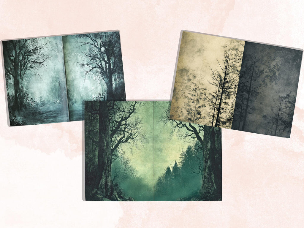 Spooky Forest Double Pages Ephemera Kit, Creepy Mixed Media Paper, Gothic Woodland Collage Scrapbook Paper, Printable Horizontal Pages