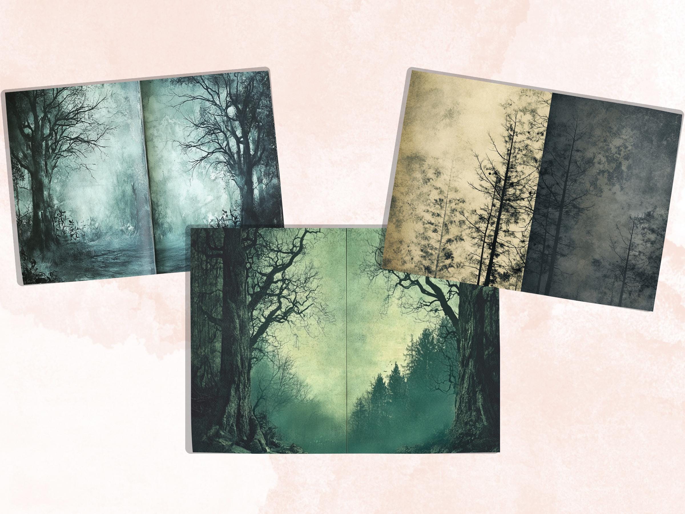 Spooky Forest Double Pages Ephemera Kit, Creepy Mixed Media Paper, Gothic Woodland Collage Scrapbook Paper, Printable Horizontal Pages