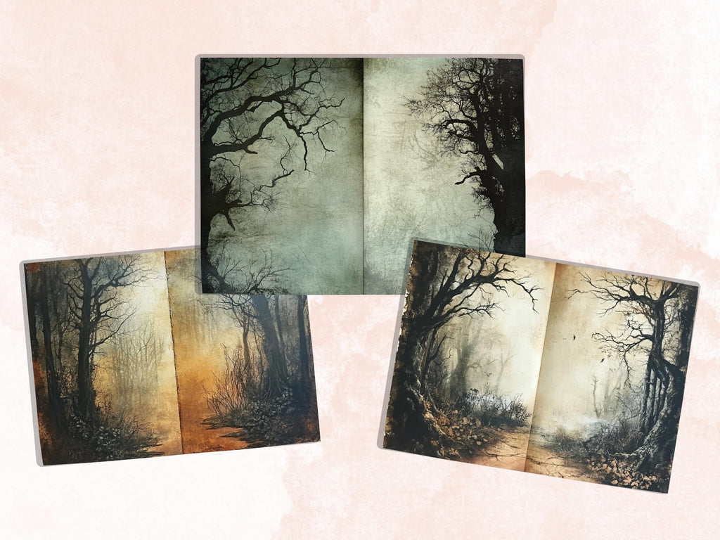 Spooky Forest Double Pages Ephemera Kit, Creepy Mixed Media Paper, Gothic Woodland Collage Scrapbook Paper, Printable Horizontal Pages