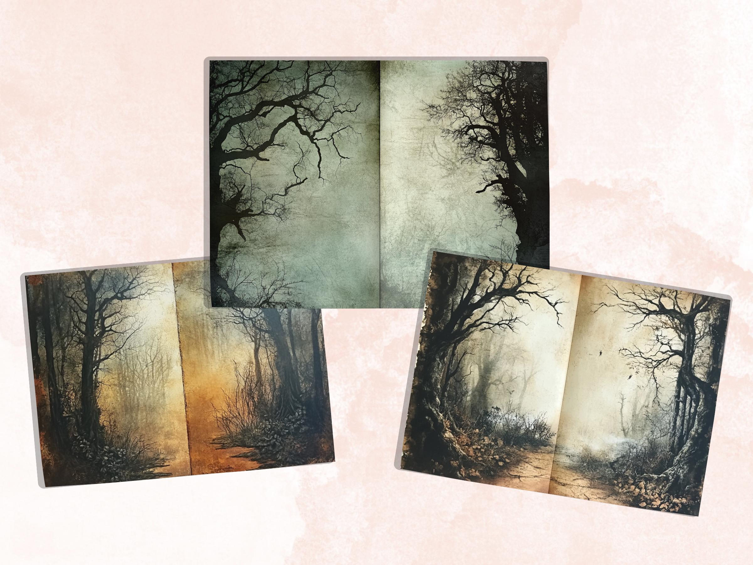 Spooky Forest Double Pages Ephemera Kit, Creepy Mixed Media Paper, Gothic Woodland Collage Scrapbook Paper, Printable Horizontal Pages