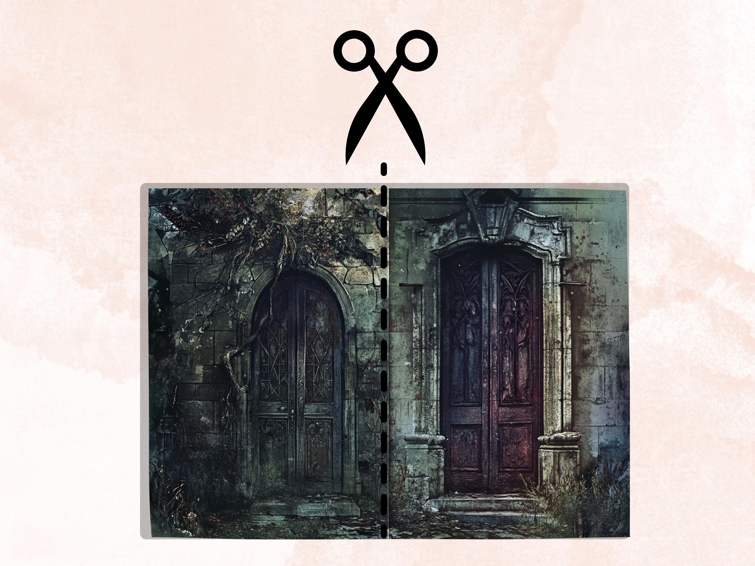 Creepy Doors Double Pages Ephemera Kit, Spooky Mixed Media Paper, Gothic Fantasy Door Collage Scrapbook Paper, Printable Horizontal Pages