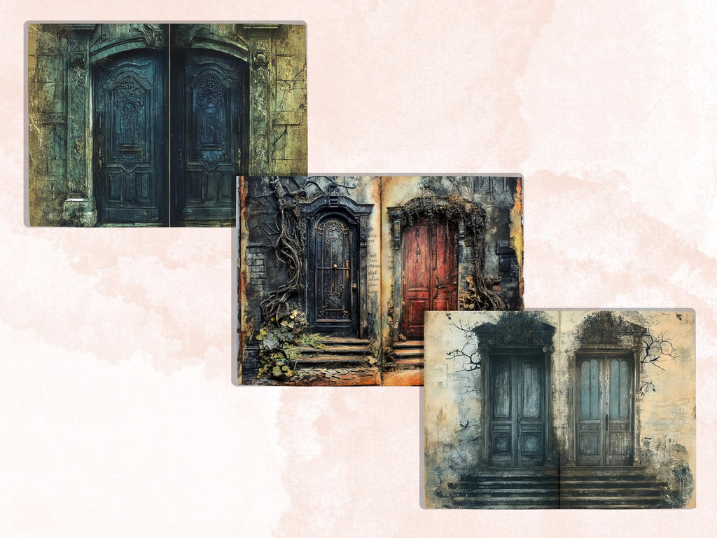 Creepy Doors Double Pages Ephemera Kit, Spooky Mixed Media Paper, Gothic Fantasy Door Collage Scrapbook Paper, Printable Horizontal Pages