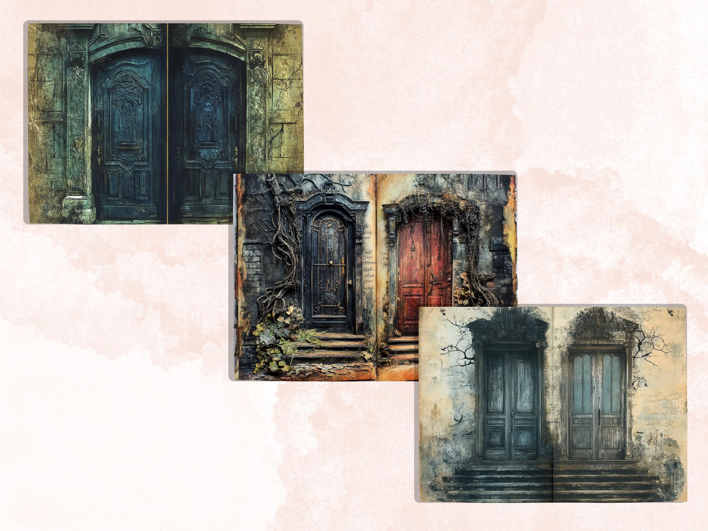 Creepy Doors Double Pages Ephemera Kit, Spooky Mixed Media Paper, Gothic Fantasy Door Collage Scrapbook Paper, Printable Horizontal Pages