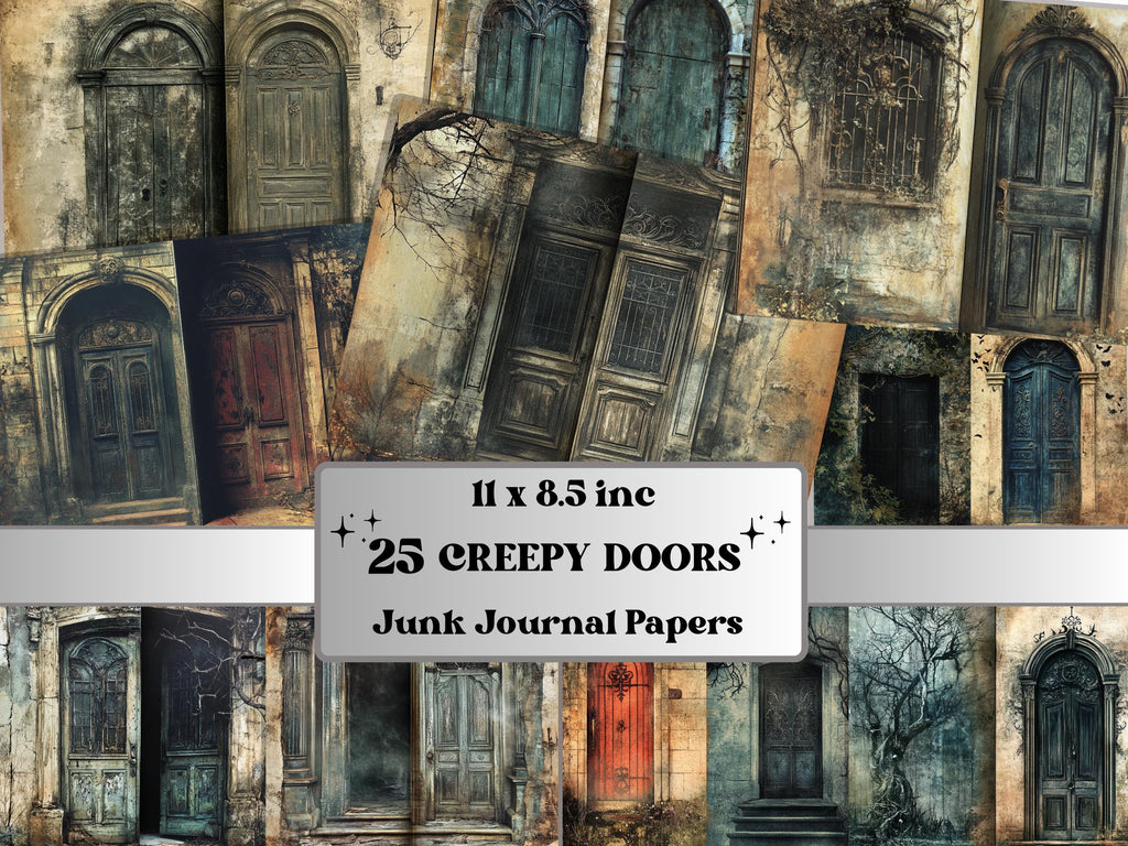 Creepy Doors Double Pages Ephemera Kit, Spooky Mixed Media Paper, Gothic Fantasy Door Collage Scrapbook Paper, Printable Horizontal Pages