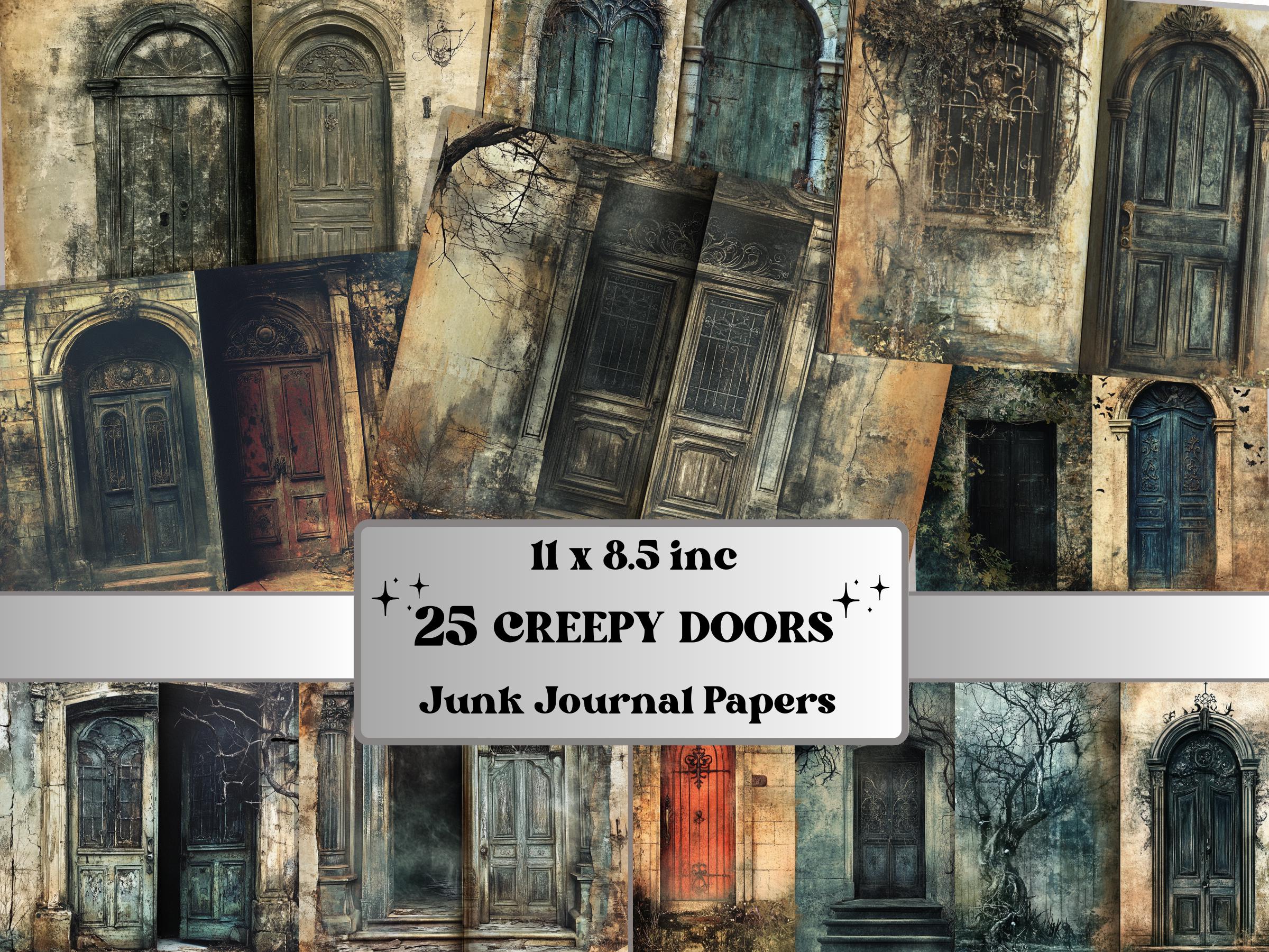 Creepy Doors Double Pages Ephemera Kit, Spooky Mixed Media Paper, Gothic Fantasy Door Collage Scrapbook Paper, Printable Horizontal Pages