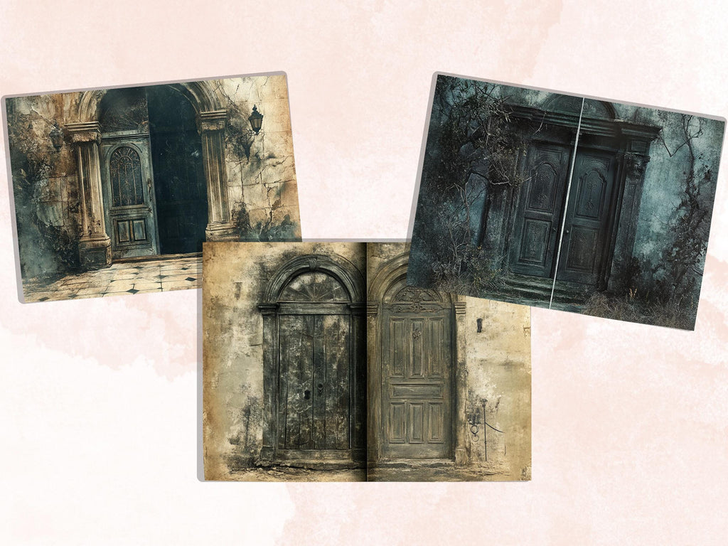 Creepy Doors Double Pages Ephemera Kit, Spooky Mixed Media Paper, Gothic Fantasy Door Collage Scrapbook Paper, Printable Horizontal Pages