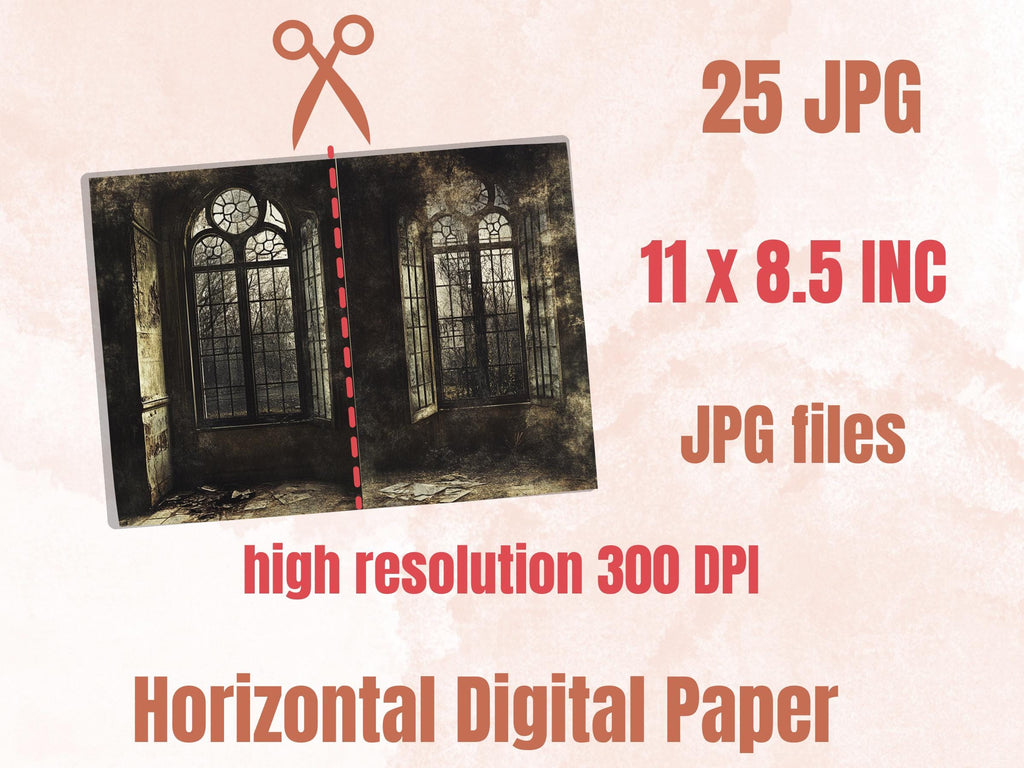 Creepy Window Double Pages Ephemera Kit, Spooky Mixed Media Paper, Gothic Fantasy Window Collage Scrapbook Paper, Printable Horizontal Pages