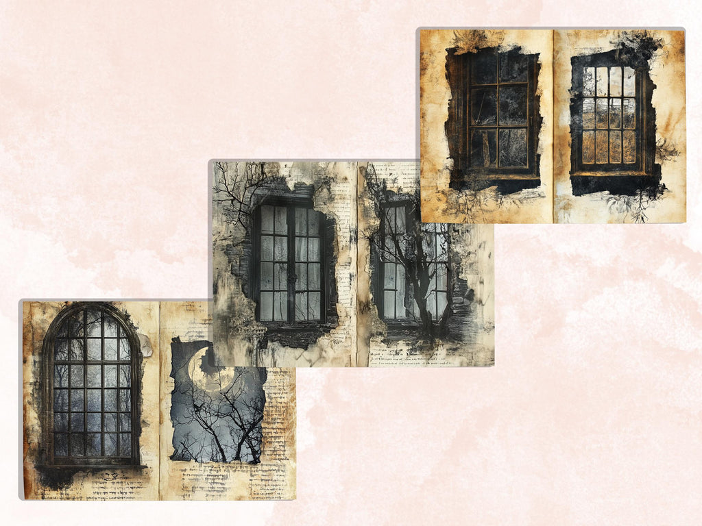 Creepy Window Double Pages Ephemera Kit, Spooky Mixed Media Paper, Gothic Fantasy Window Collage Scrapbook Paper, Printable Horizontal Pages