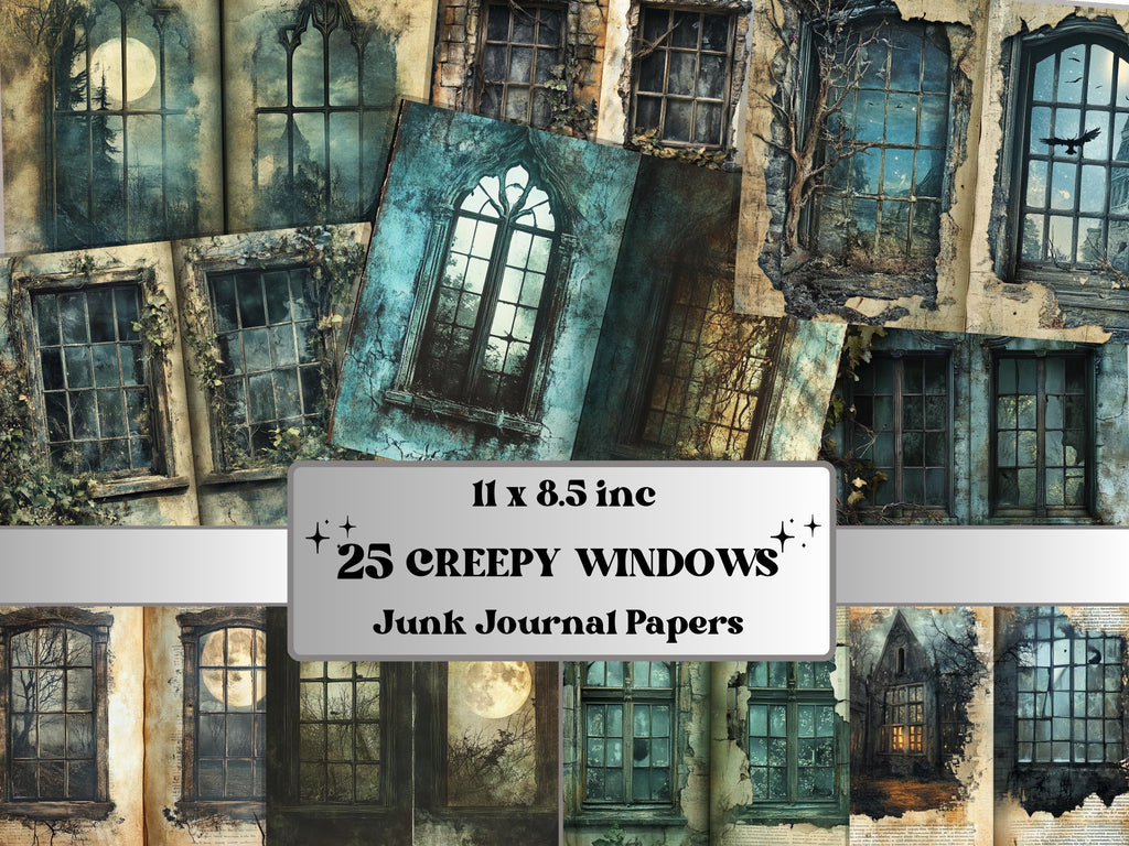 Creepy Window Double Pages Ephemera Kit, Spooky Mixed Media Paper, Gothic Fantasy Window Collage Scrapbook Paper, Printable Horizontal Pages