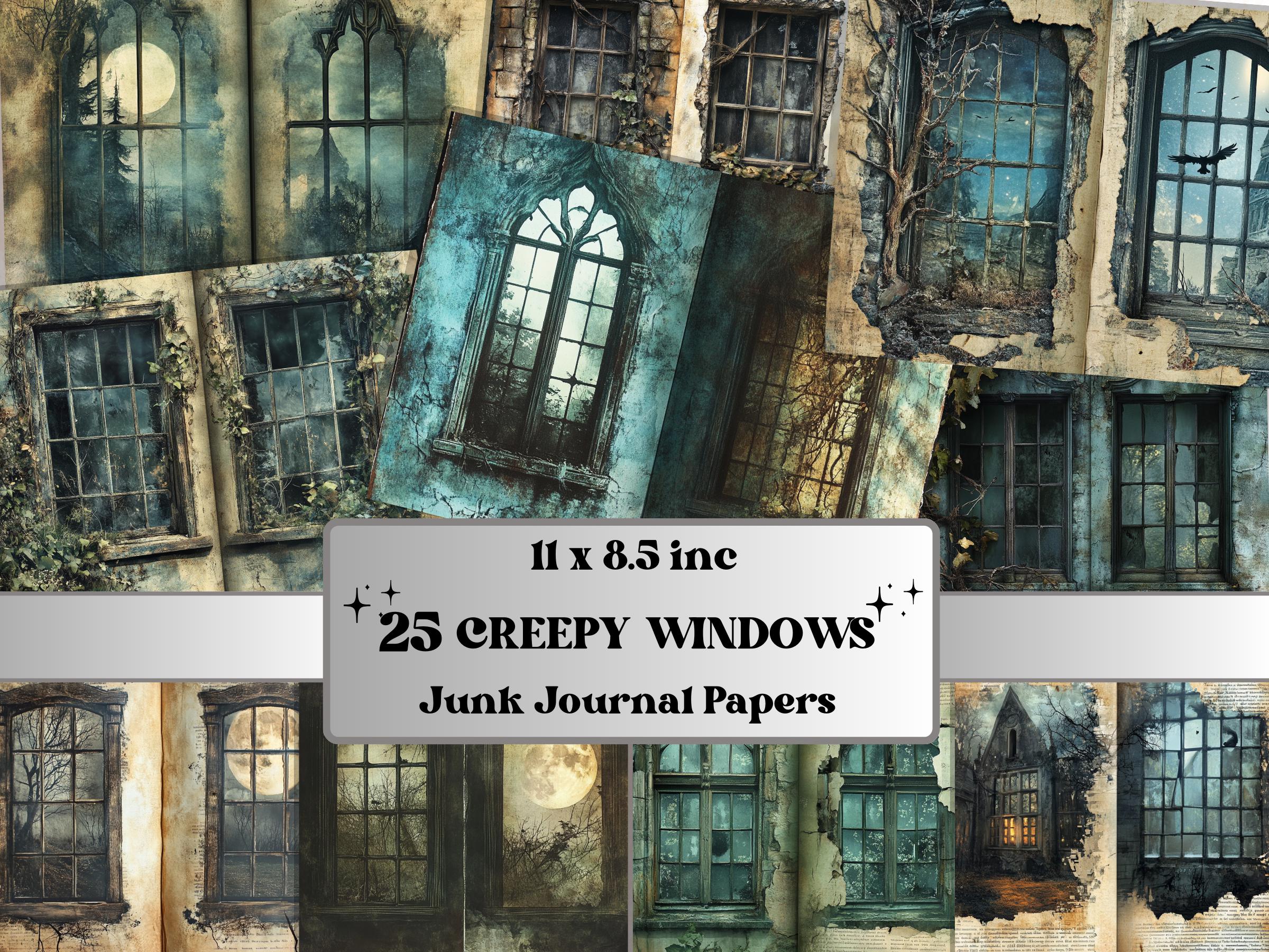 Creepy Window Double Pages Ephemera Kit, Spooky Mixed Media Paper, Gothic Fantasy Window Collage Scrapbook Paper, Printable Horizontal Pages