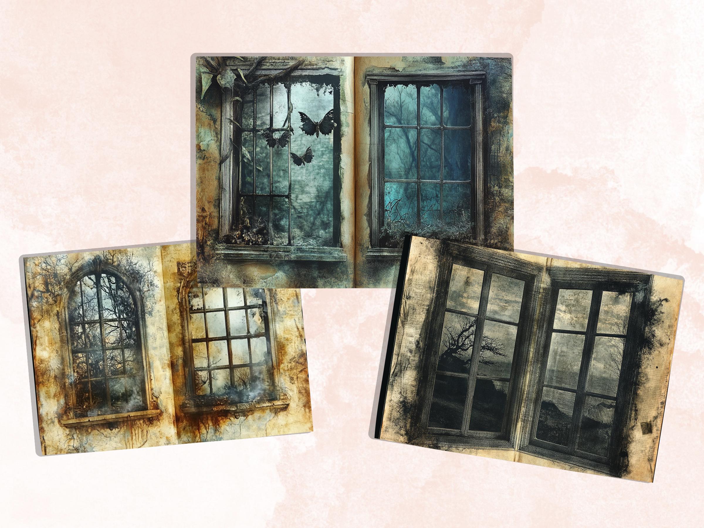 Creepy Window Double Pages Ephemera Kit, Spooky Mixed Media Paper, Gothic Fantasy Window Collage Scrapbook Paper, Printable Horizontal Pages