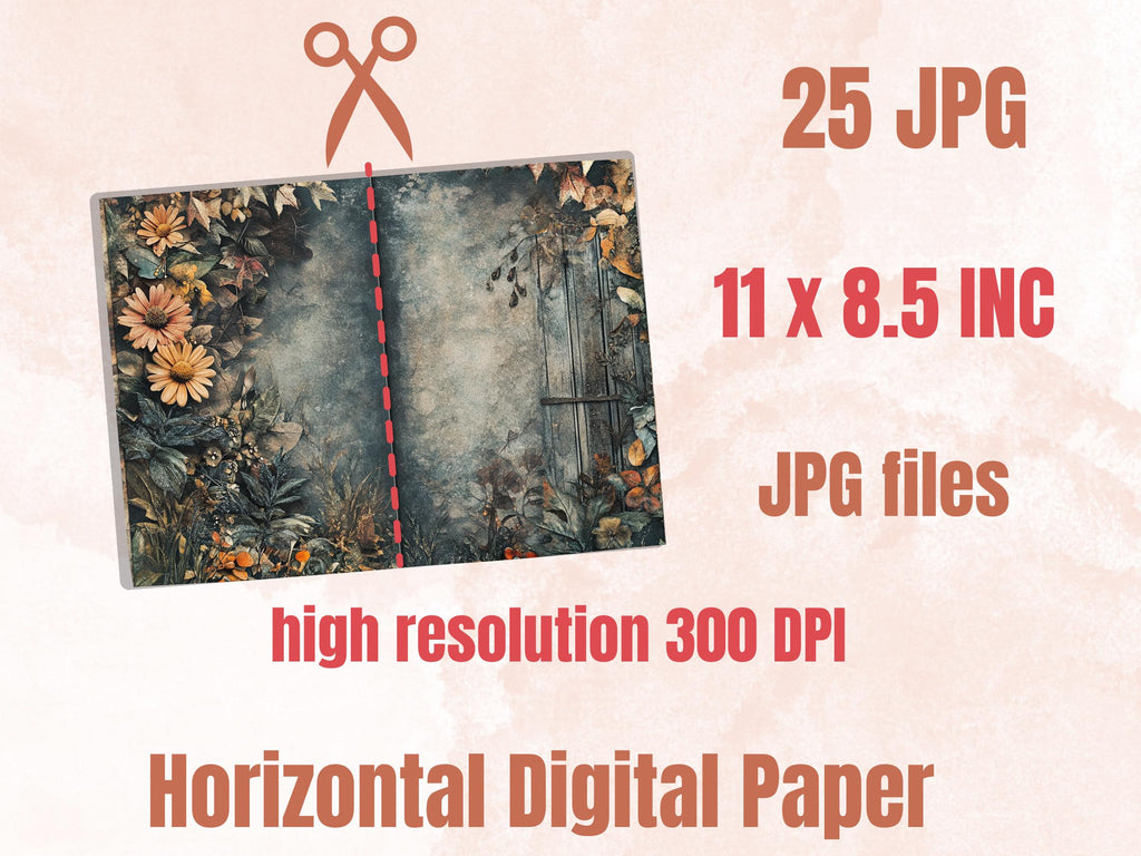 Spooky Garden Double Pages Ephemera Kit, Creepy Mixed Media Paper, Gothic Botanical Collage Scrapbook Paper, Printable Horizontal Pages