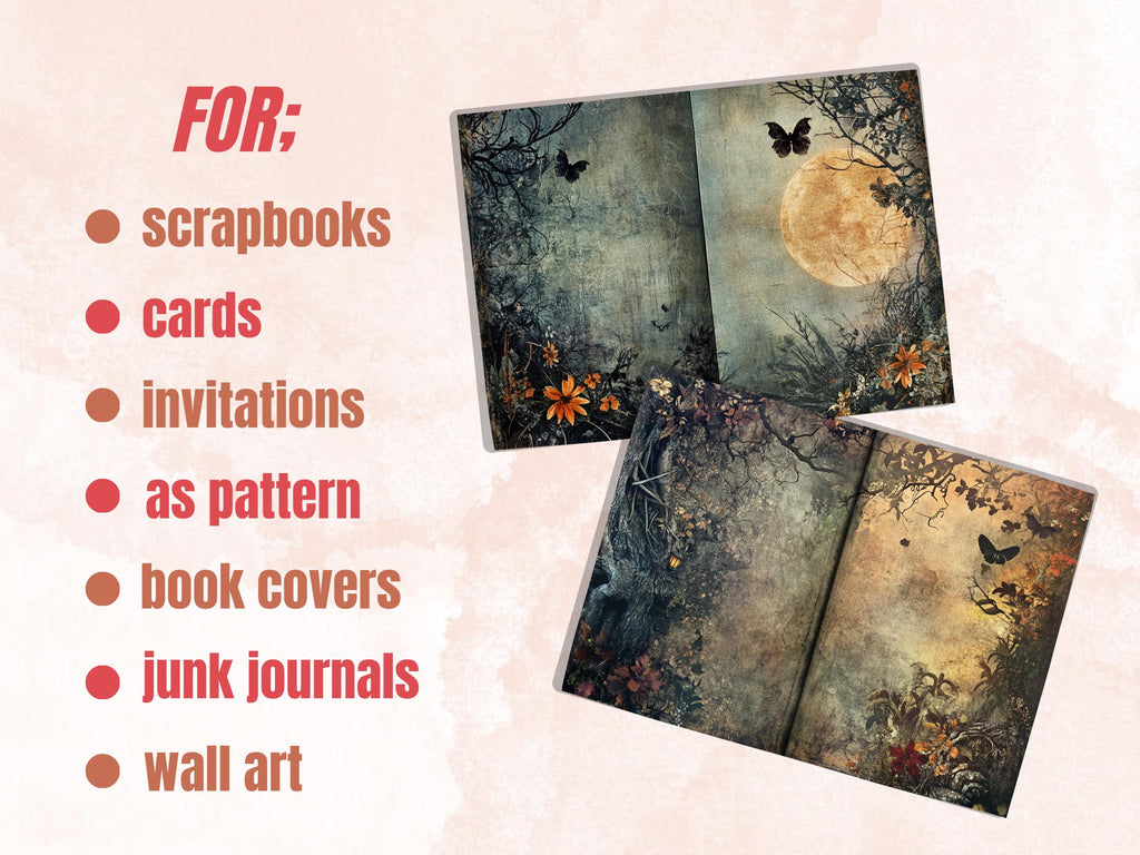 Spooky Garden Double Pages Ephemera Kit, Creepy Mixed Media Paper, Gothic Botanical Collage Scrapbook Paper, Printable Horizontal Pages