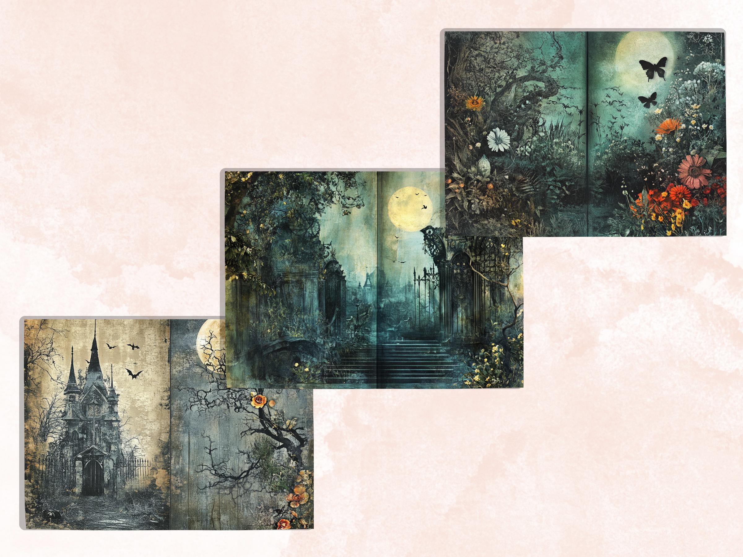 Spooky Garden Double Pages Ephemera Kit, Creepy Mixed Media Paper, Gothic Botanical Collage Scrapbook Paper, Printable Horizontal Pages