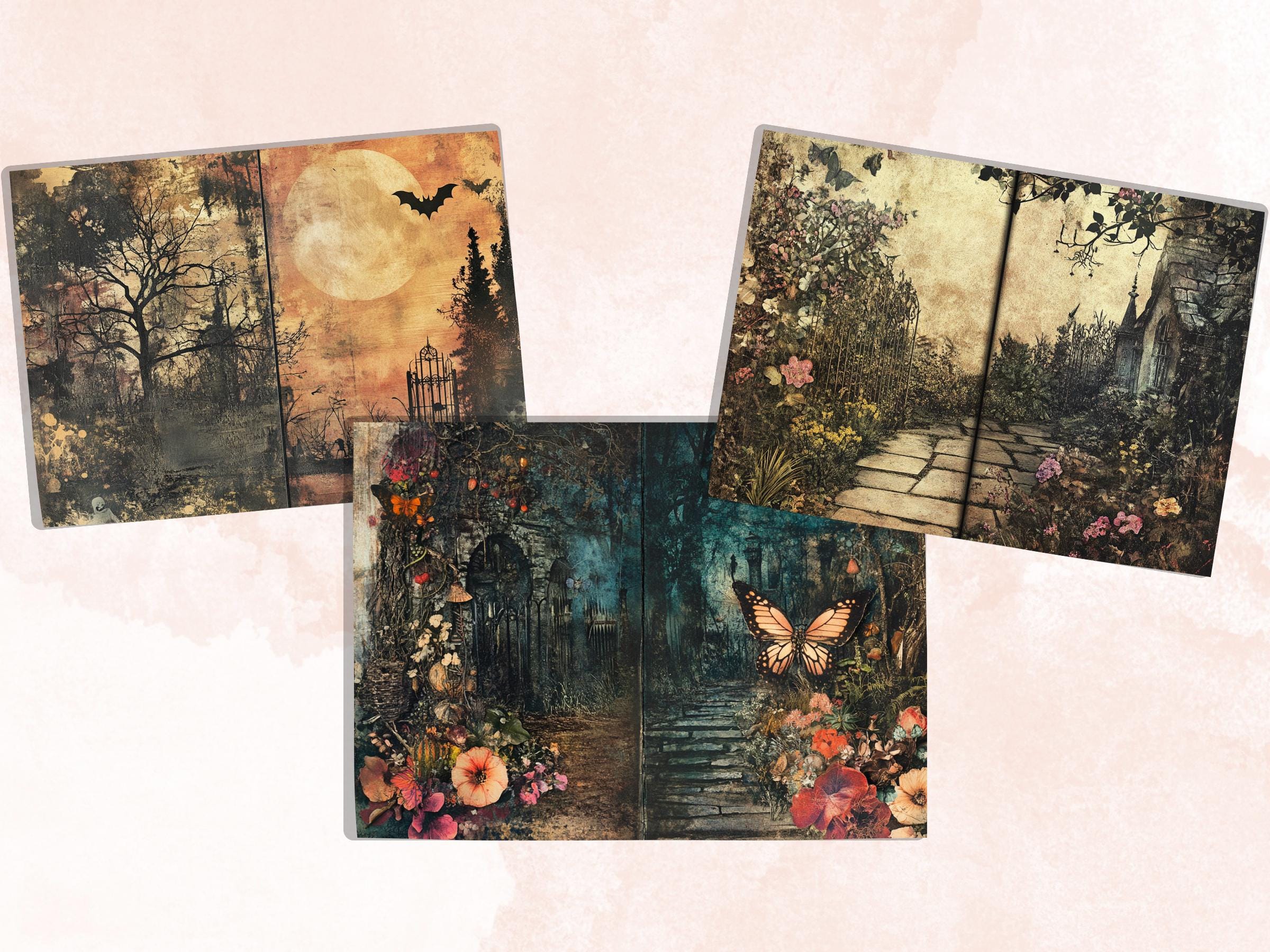 Spooky Garden Double Pages Ephemera Kit, Creepy Mixed Media Paper, Gothic Botanical Collage Scrapbook Paper, Printable Horizontal Pages