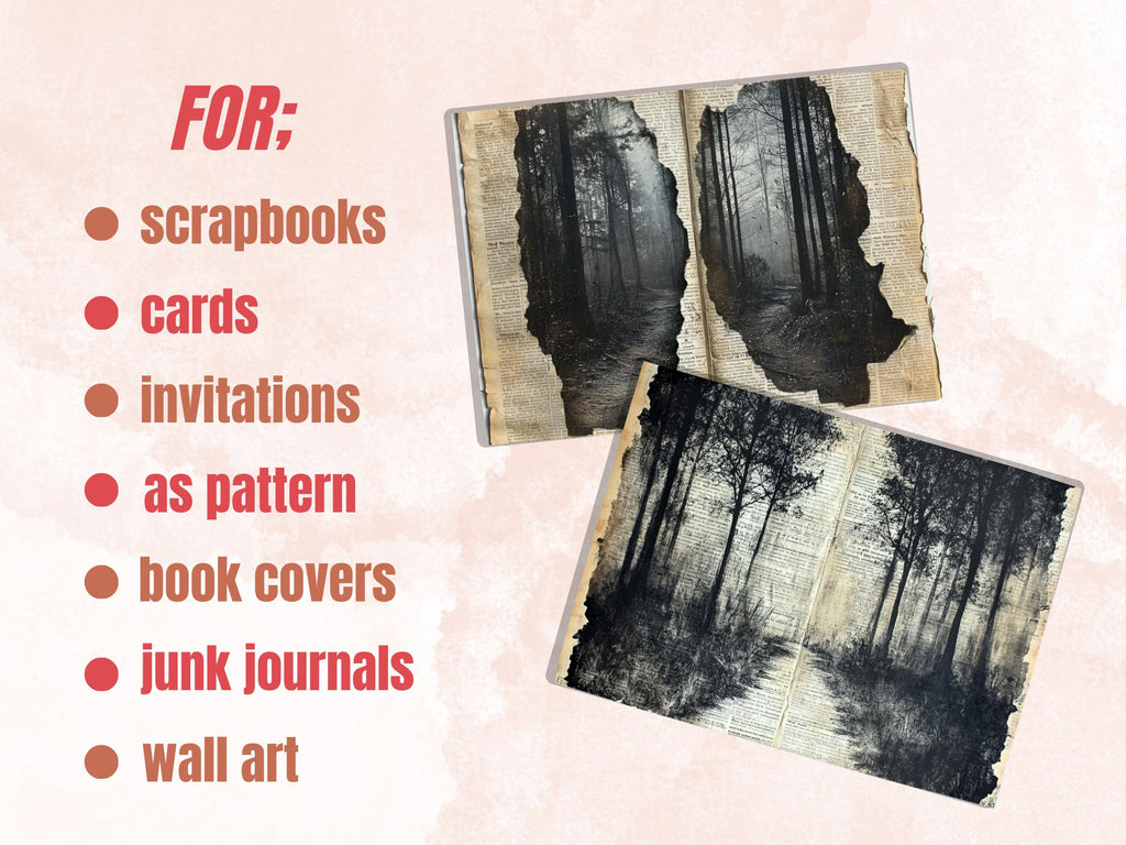 Forest Newspaper Ephemera Kit, Creepy Mixed Media Paper, Gothic Woodland Newspaper Collage Scrapbook Paper, Printable Journal Double Pages