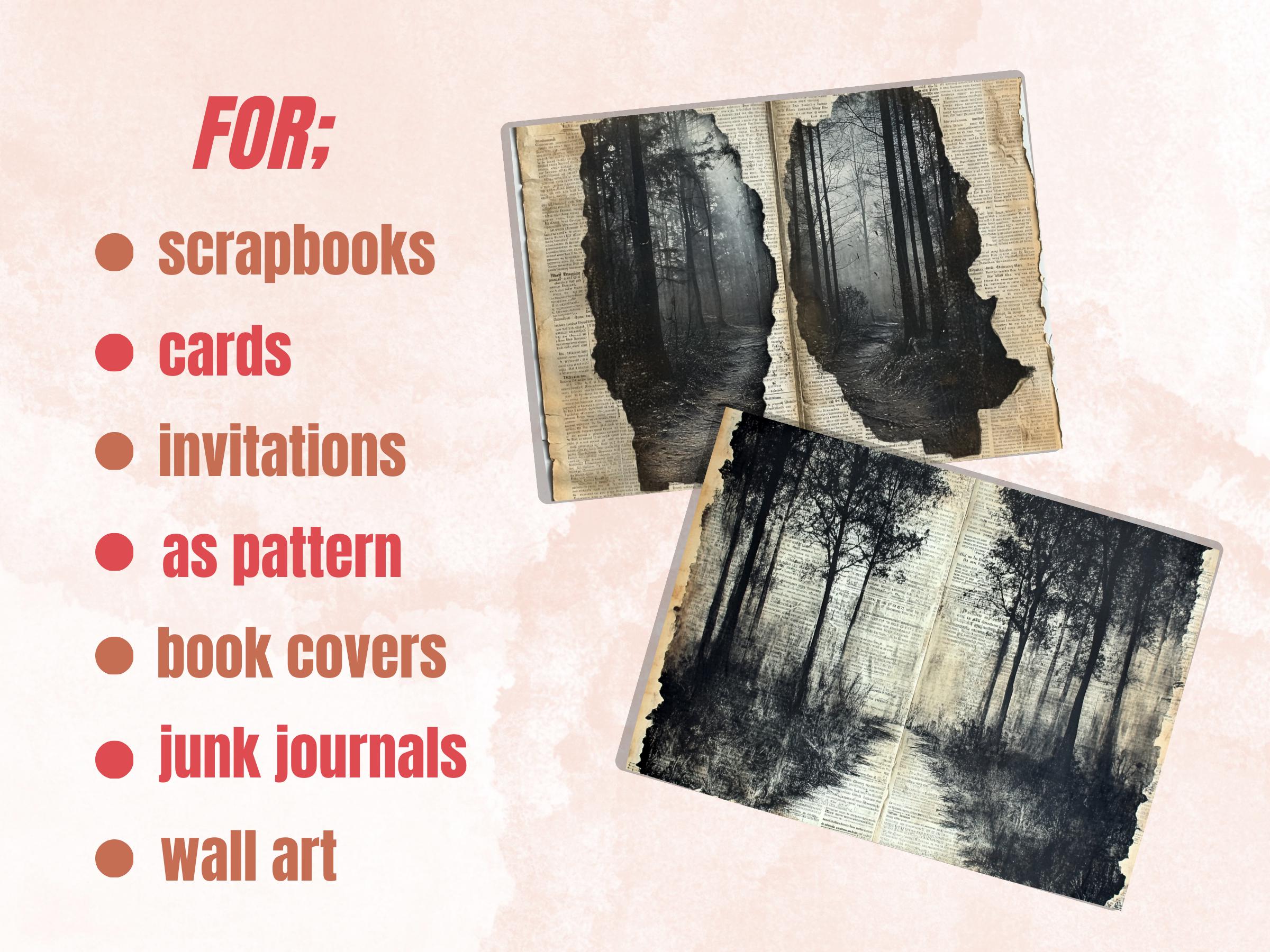 Forest Newspaper Ephemera Kit, Creepy Mixed Media Paper, Gothic Woodland Newspaper Collage Scrapbook Paper, Printable Journal Double Pages