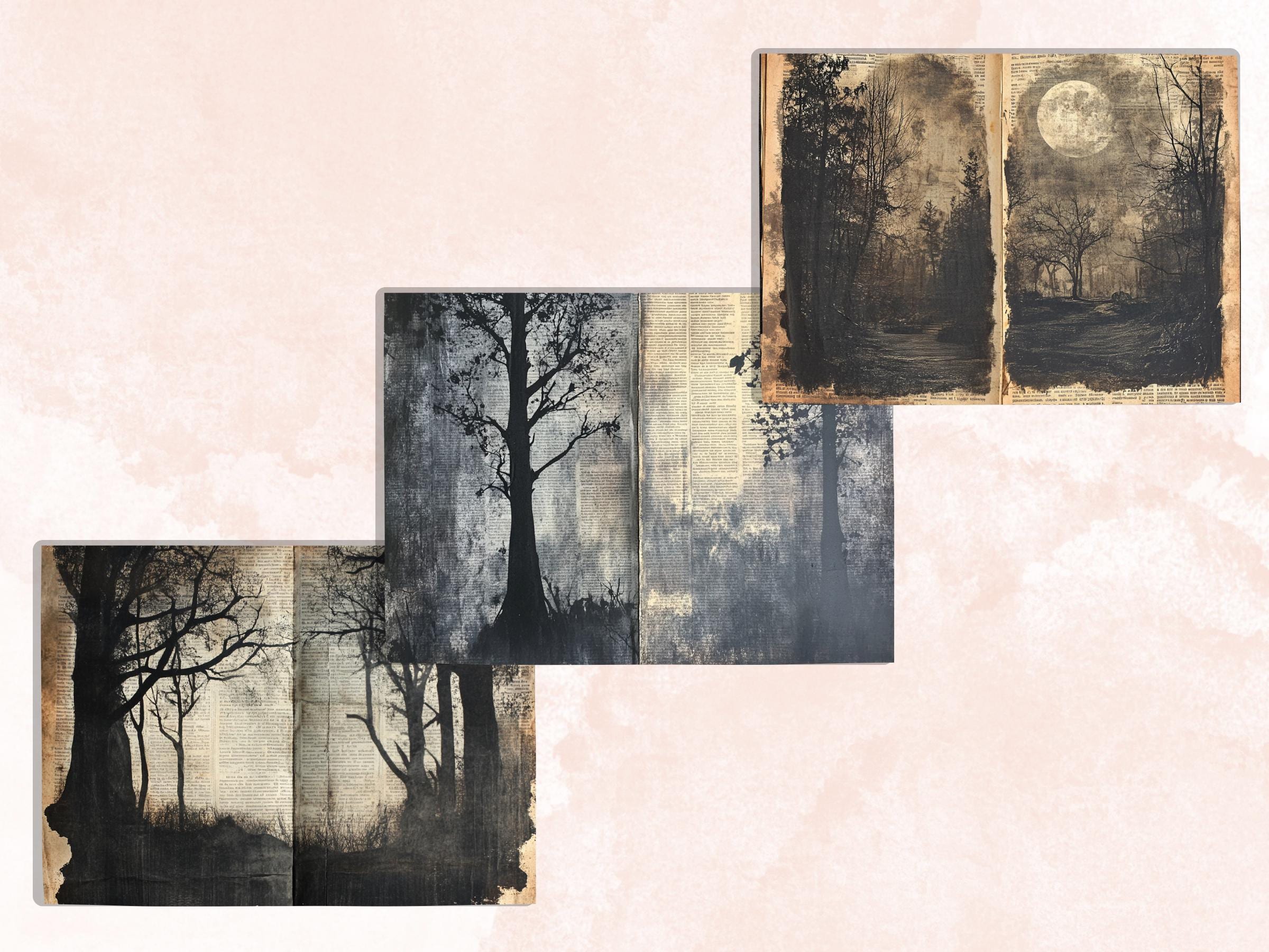 Forest Newspaper Ephemera Kit, Creepy Mixed Media Paper, Gothic Woodland Newspaper Collage Scrapbook Paper, Printable Journal Double Pages