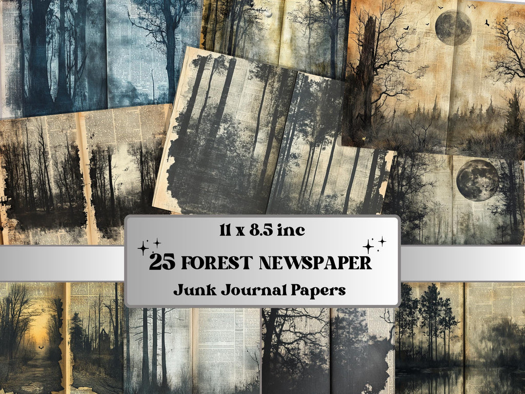 Forest Newspaper Ephemera Kit, Creepy Mixed Media Paper, Gothic Woodland Newspaper Collage Scrapbook Paper, Printable Journal Double Pages