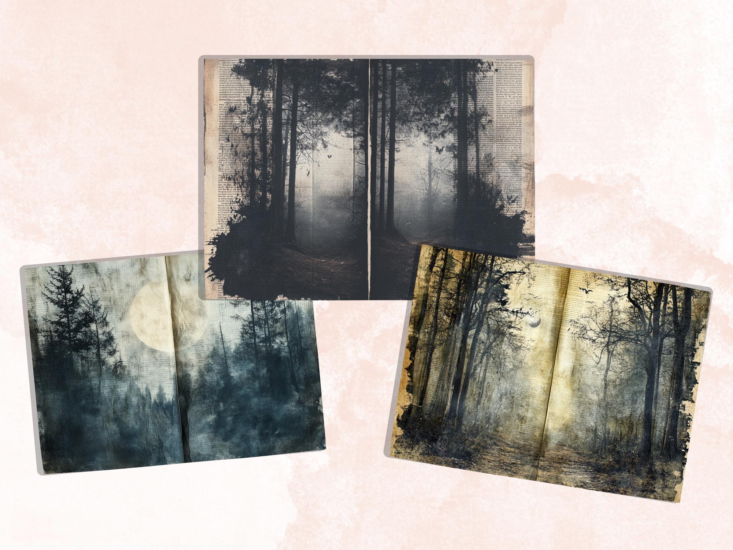 Forest Newspaper Ephemera Kit, Creepy Mixed Media Paper, Gothic Woodland Newspaper Collage Scrapbook Paper, Printable Journal Double Pages