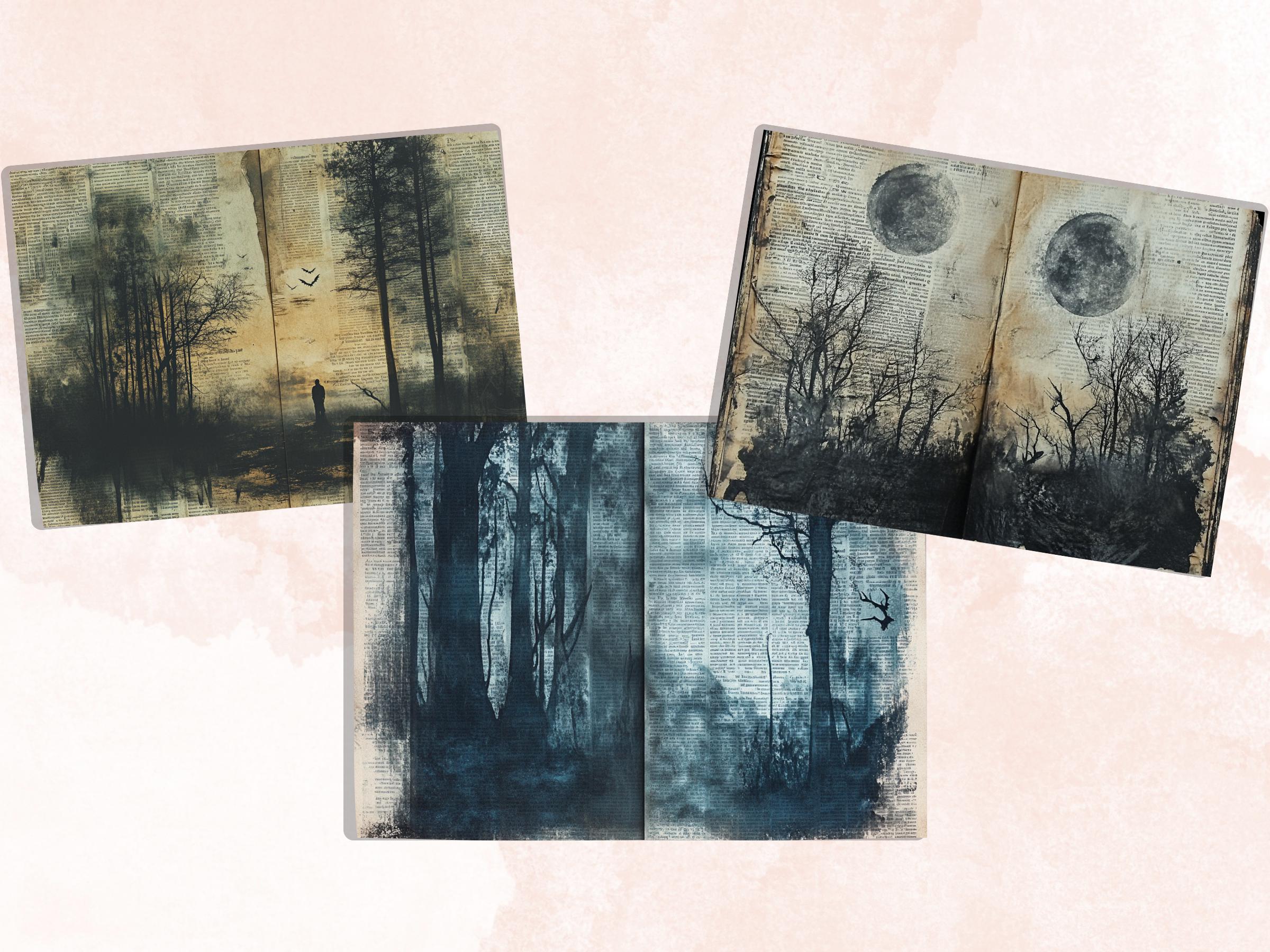 Forest Newspaper Ephemera Kit, Creepy Mixed Media Paper, Gothic Woodland Newspaper Collage Scrapbook Paper, Printable Journal Double Pages