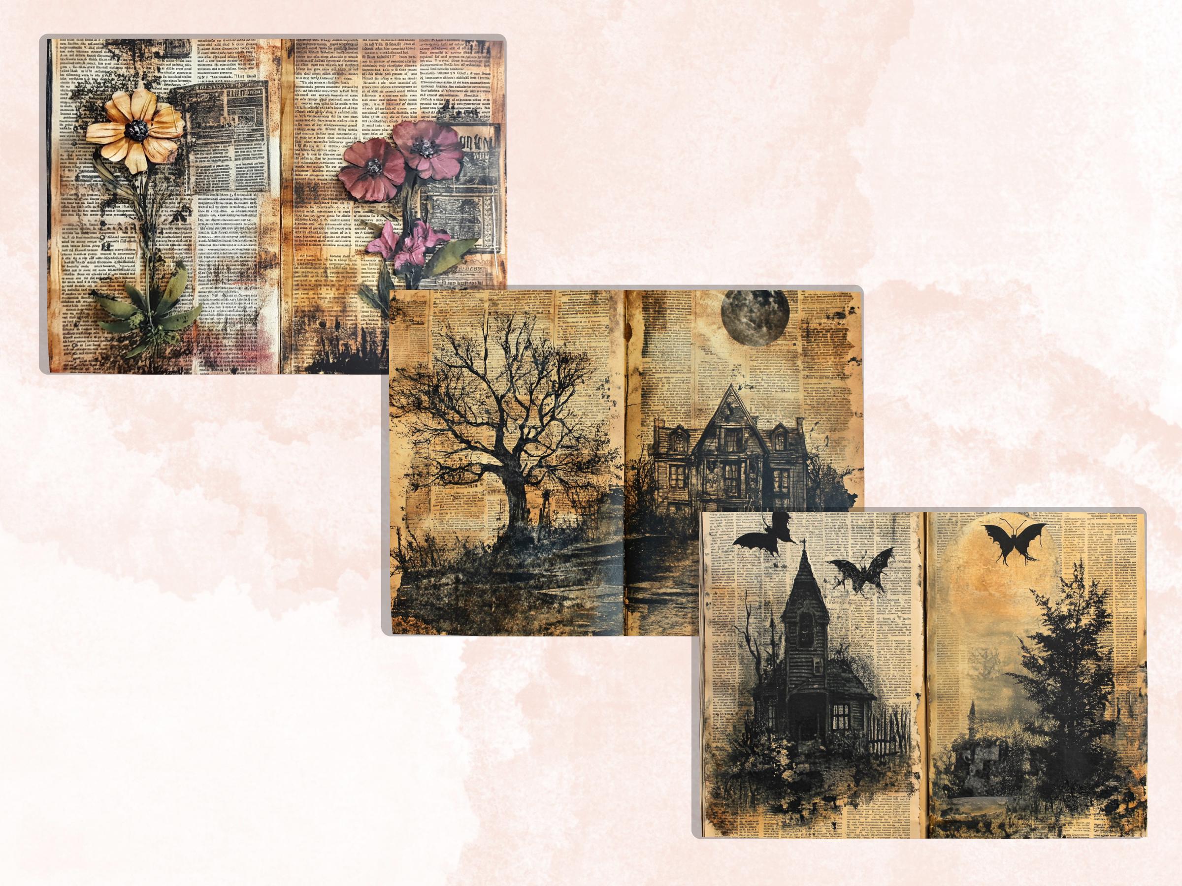 Garden Newspaper Ephemera Kit, Creepy Mixed Media Paper, Gothic Botanical Newspaper Collage Scrapbook Paper, Spooky Journal Double Pages