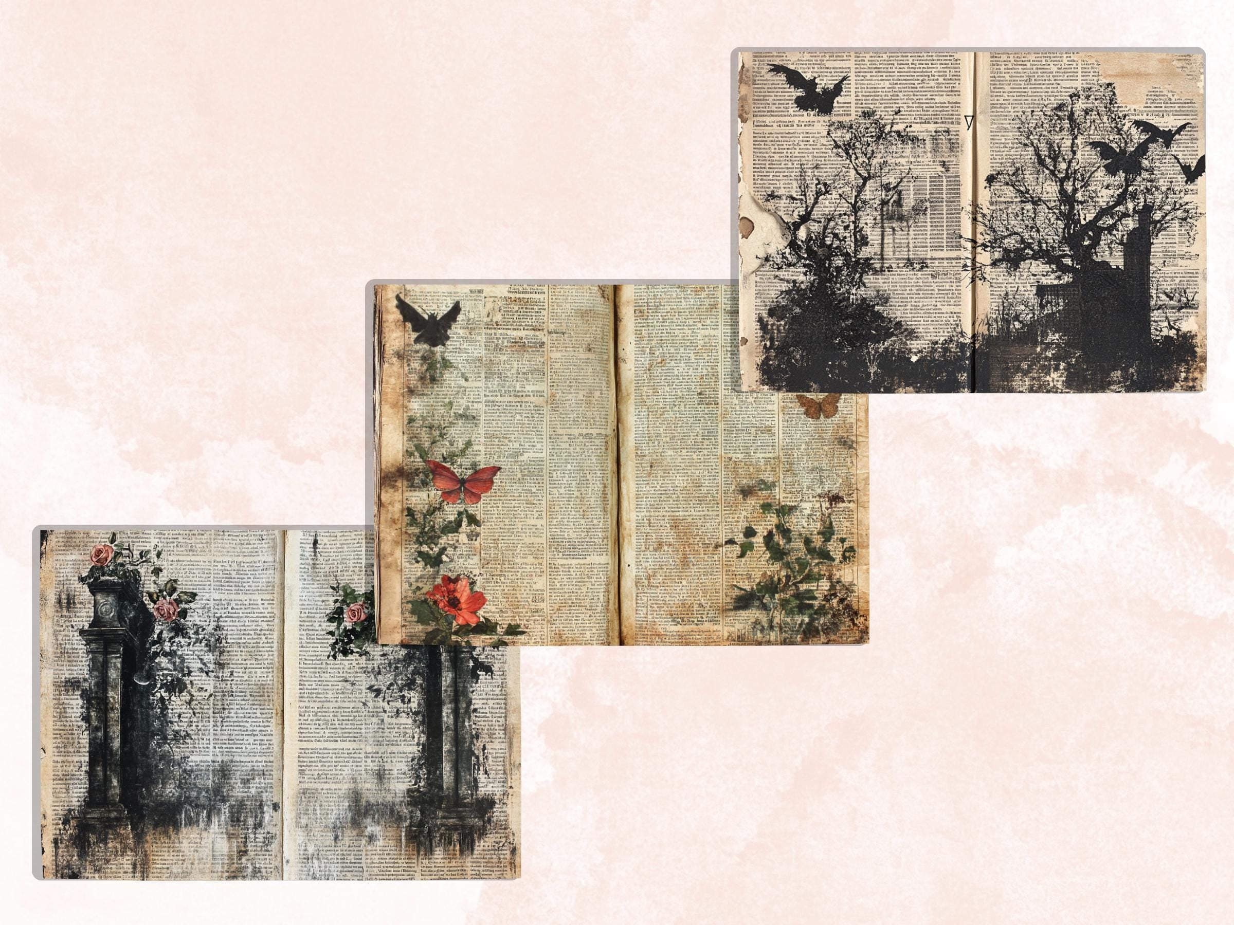Garden Newspaper Ephemera Kit, Creepy Mixed Media Paper, Gothic Botanical Newspaper Collage Scrapbook Paper, Spooky Journal Double Pages