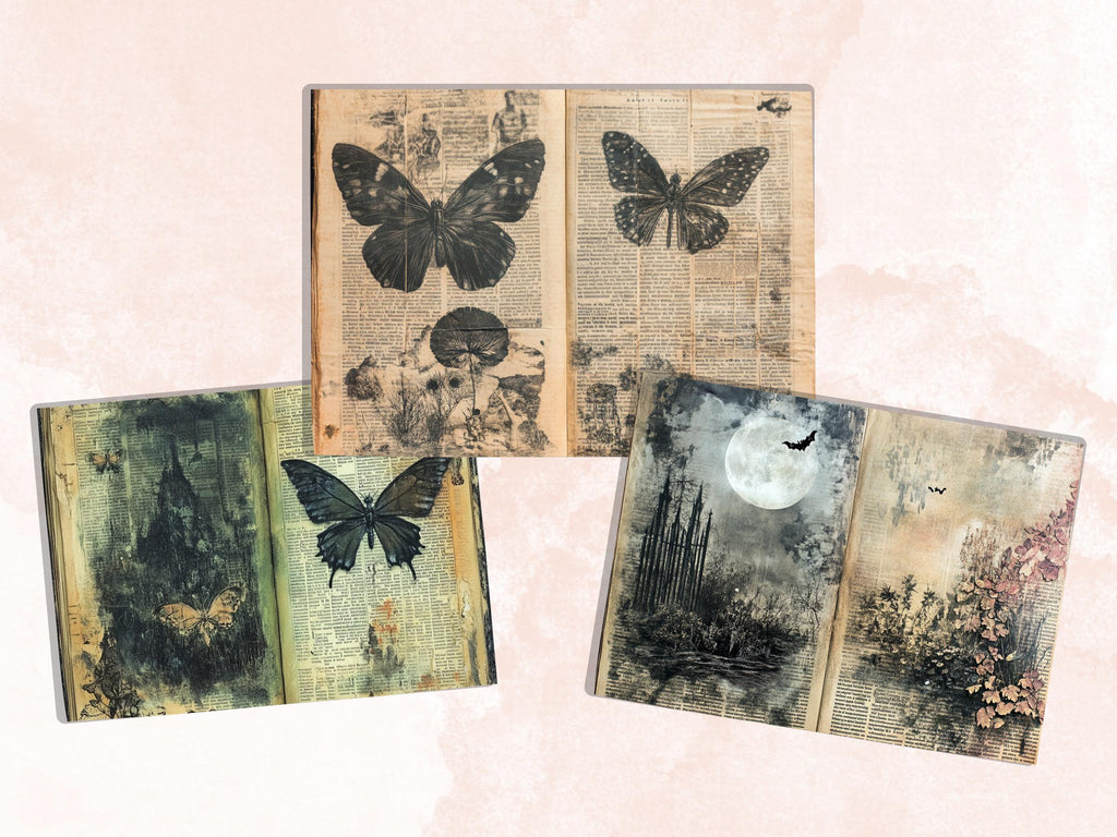 Garden Newspaper Ephemera Kit, Creepy Mixed Media Paper, Gothic Botanical Newspaper Collage Scrapbook Paper, Spooky Journal Double Pages