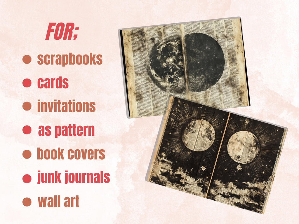 Vintage Celestial Newspaper Ephemera, Creepy Mixed Media Paper, Gothic Sky Newspaper Collage Scrapbook Paper, Spooky Journal Double Pages