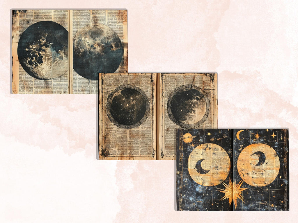 Vintage Celestial Newspaper Ephemera, Creepy Mixed Media Paper, Gothic Sky Newspaper Collage Scrapbook Paper, Spooky Journal Double Pages