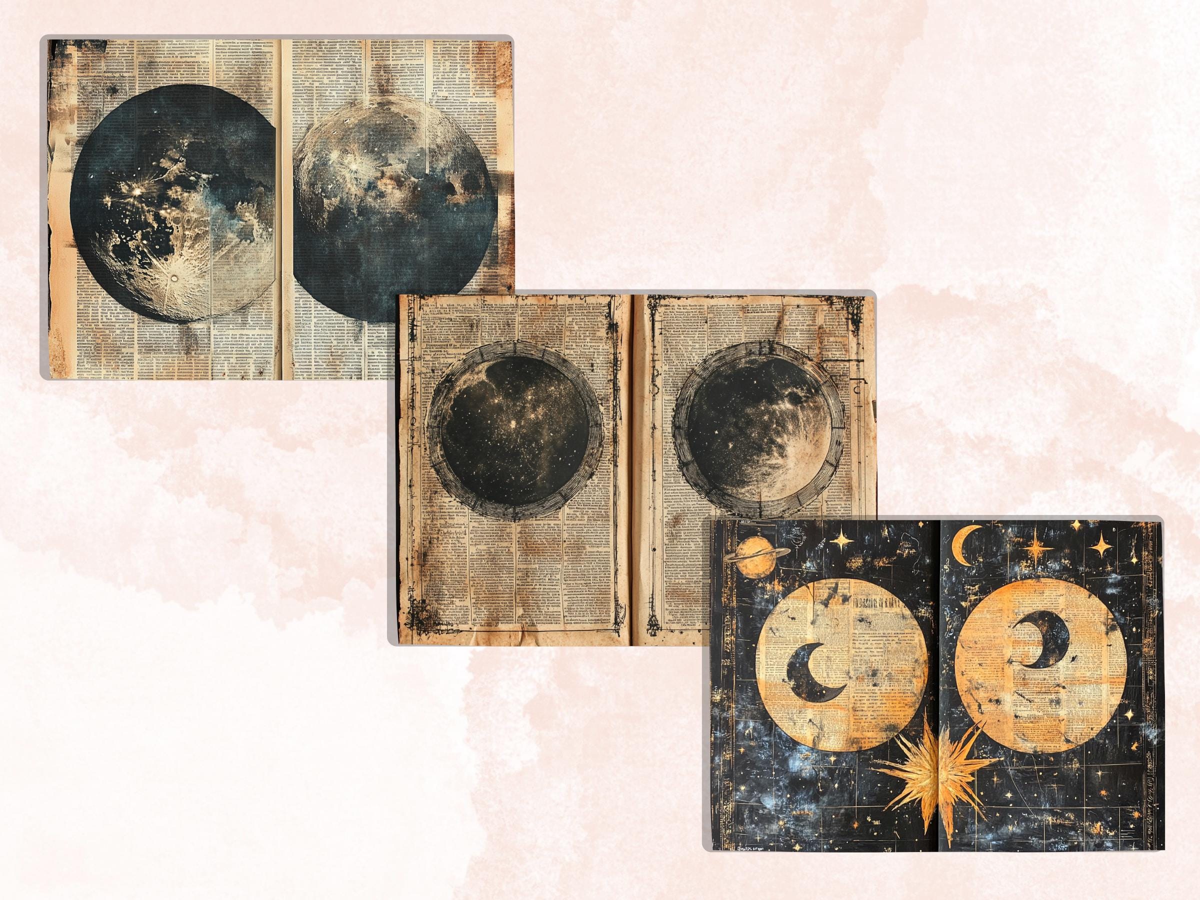 Vintage Celestial Newspaper Ephemera, Creepy Mixed Media Paper, Gothic Sky Newspaper Collage Scrapbook Paper, Spooky Journal Double Pages