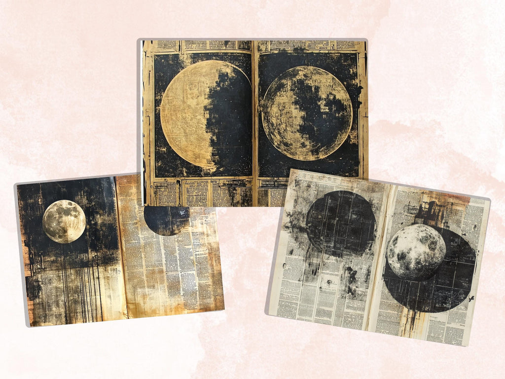 Vintage Celestial Newspaper Ephemera, Creepy Mixed Media Paper, Gothic Sky Newspaper Collage Scrapbook Paper, Spooky Journal Double Pages