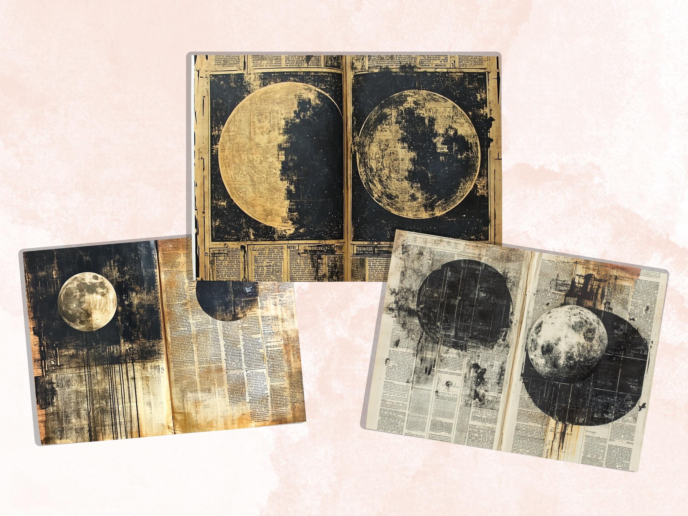 Vintage Celestial Newspaper Ephemera, Creepy Mixed Media Paper, Gothic Sky Newspaper Collage Scrapbook Paper, Spooky Journal Double Pages