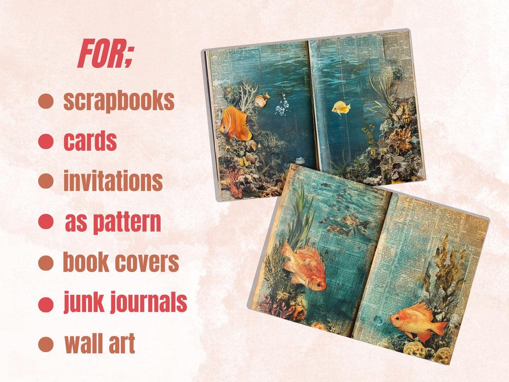 Underwater Newspaper Ephemera, Creepy Mixed Media Paper, Vintage Under the Sea Newspaper Collage Scrapbook Paper, Ocean Journal Double Pages