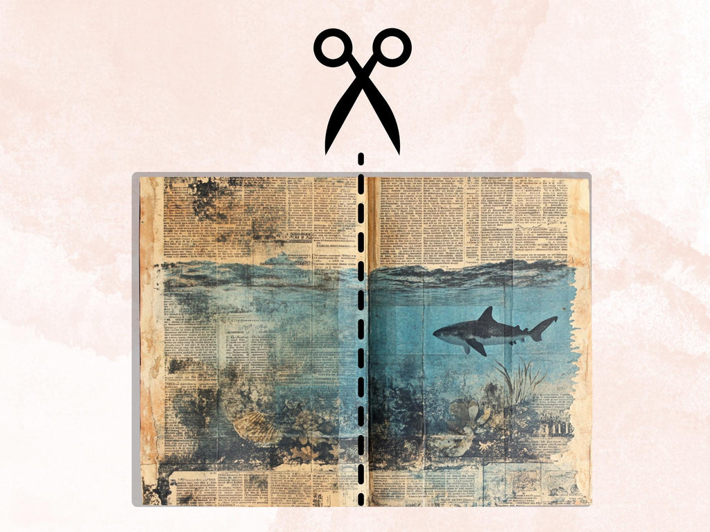 Underwater Newspaper Ephemera, Creepy Mixed Media Paper, Vintage Under the Sea Newspaper Collage Scrapbook Paper, Ocean Journal Double Pages