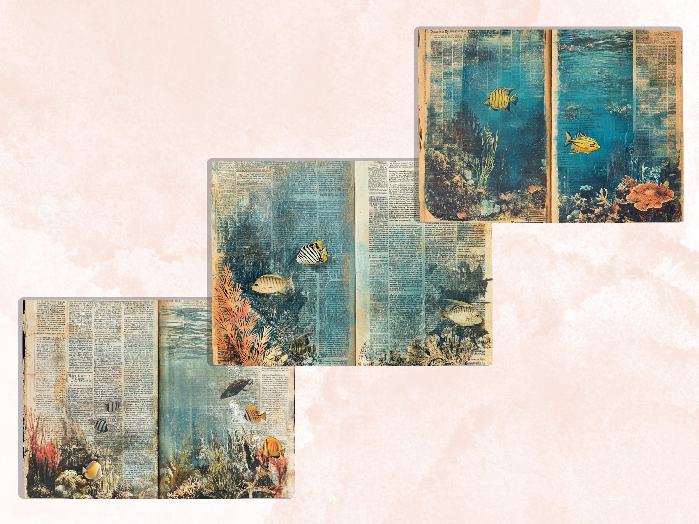 Underwater Newspaper Ephemera, Creepy Mixed Media Paper, Vintage Under the Sea Newspaper Collage Scrapbook Paper, Ocean Journal Double Pages
