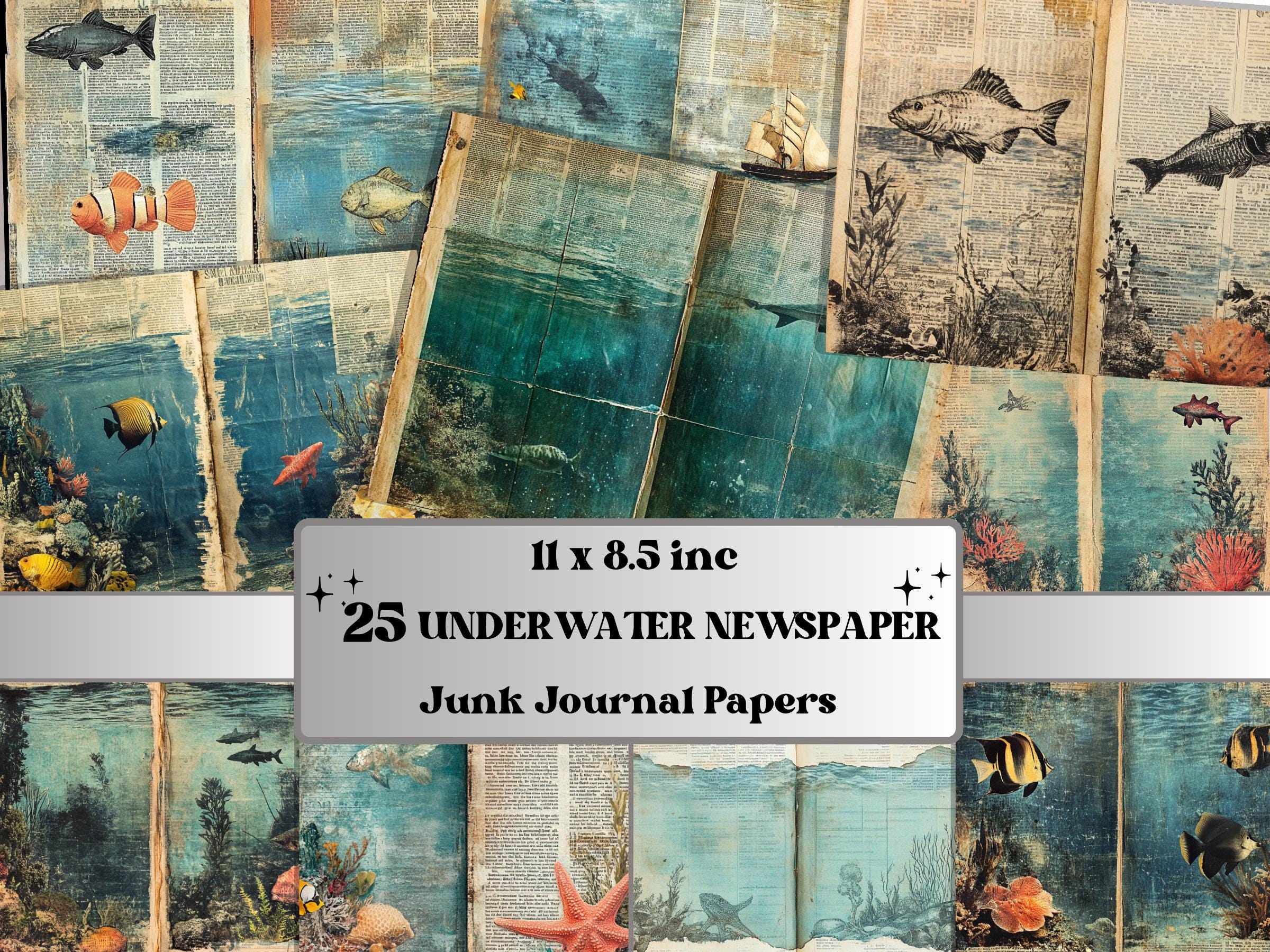 Underwater Newspaper Ephemera, Creepy Mixed Media Paper, Vintage Under the Sea Newspaper Collage Scrapbook Paper, Ocean Journal Double Pages